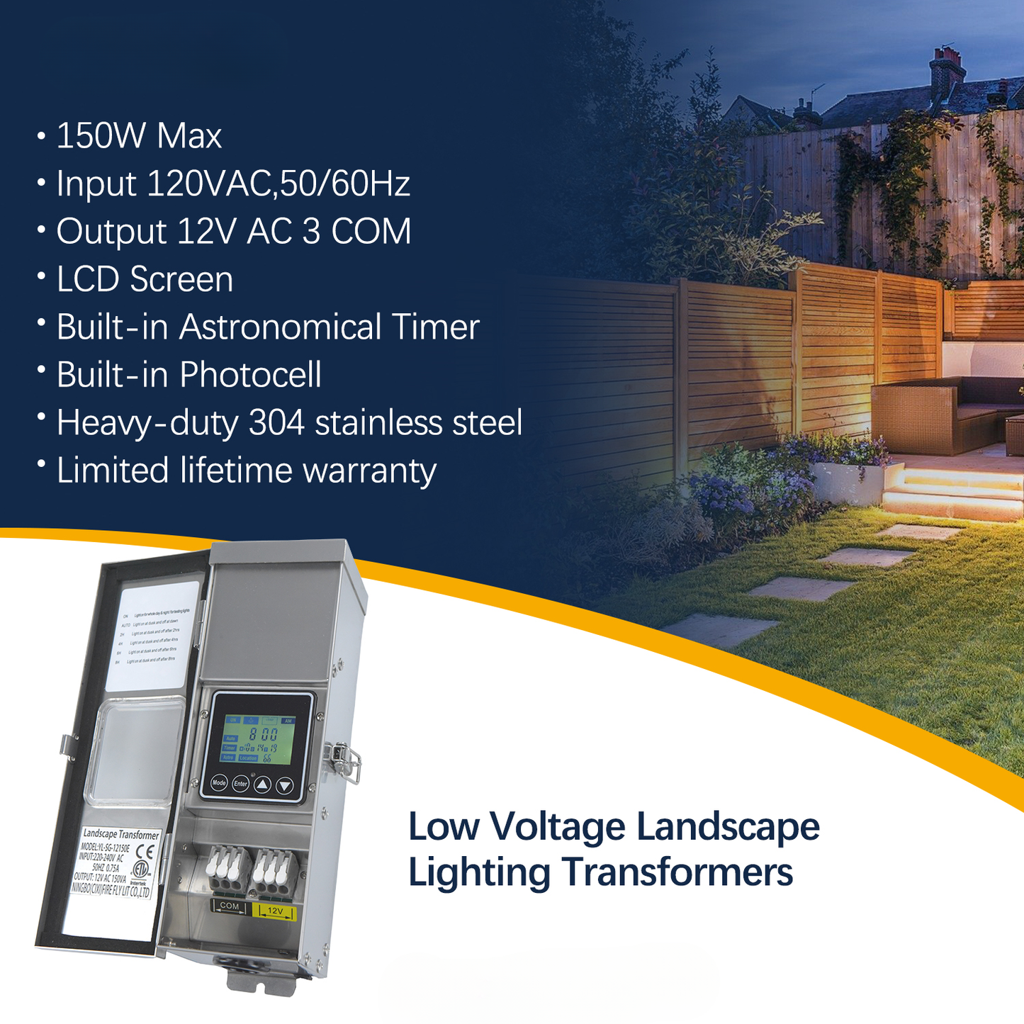 150W Stainless Steel Outdoor Transformer for Lights with Timer and Photocell Landscape Transformers