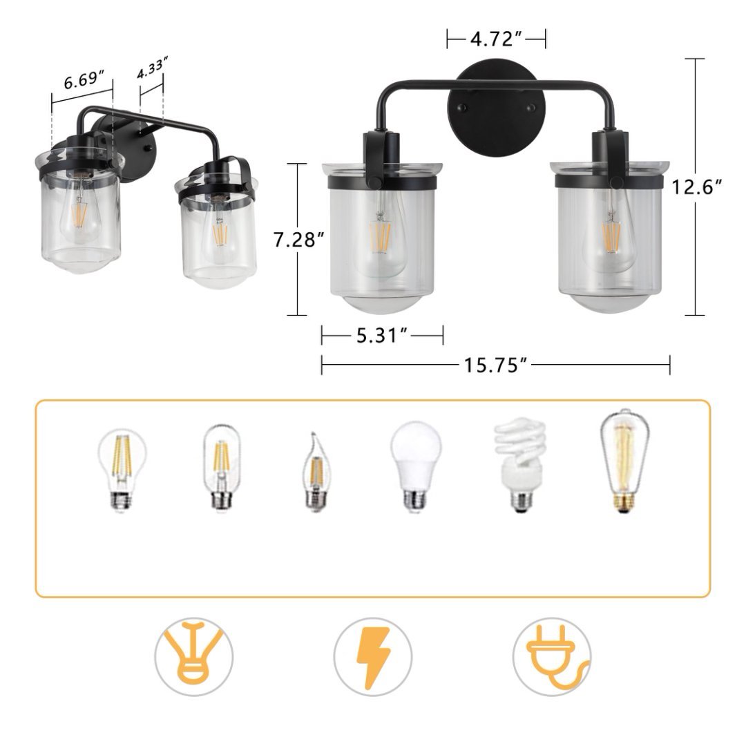 2-Light With Clear Glass Shade,Modern Sconce Industrial Indoor Light Fixture For Bathroom Living Room Bedroom Over