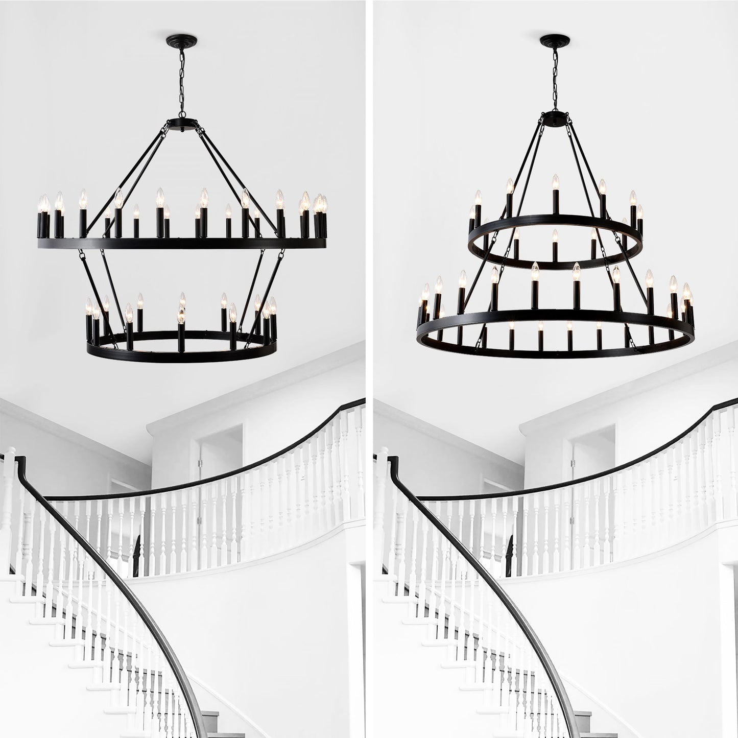 2 Tiers Wagon Wheel Chandelier Wooden Farmhouse 36 Light Black Metal Chandeliers 2 Story Light Fixtures Industrial