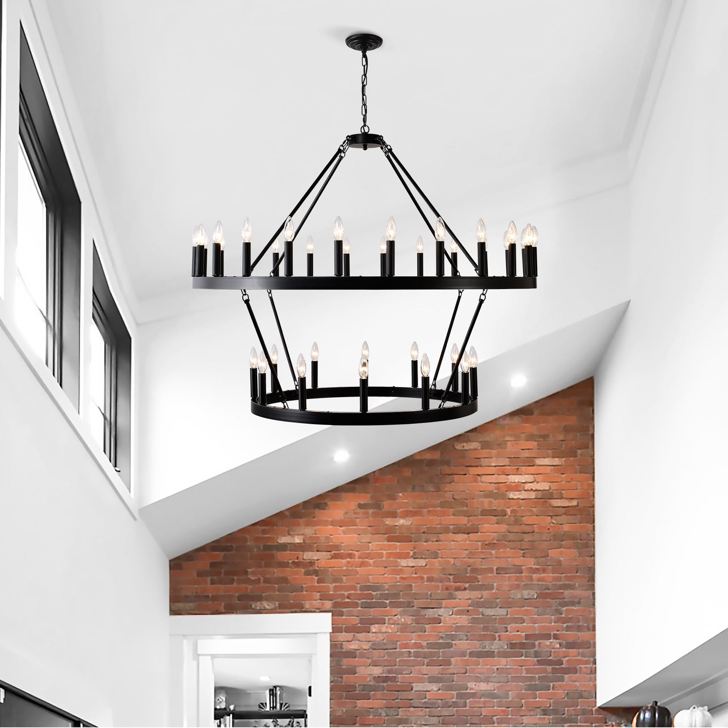 2 Tiers Wagon Wheel Chandelier Wooden Farmhouse 36 Light Black Metal Chandeliers 2 Story Light Fixtures Industrial