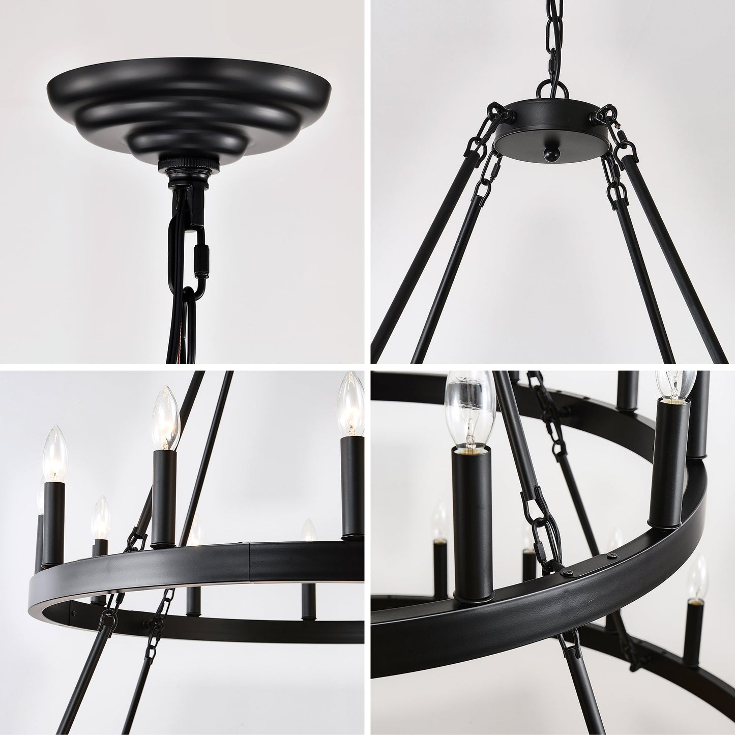 2 Tiers Wagon Wheel Chandelier Wooden Farmhouse 36 Light Black Metal Chandeliers 2 Story Light Fixtures Industrial