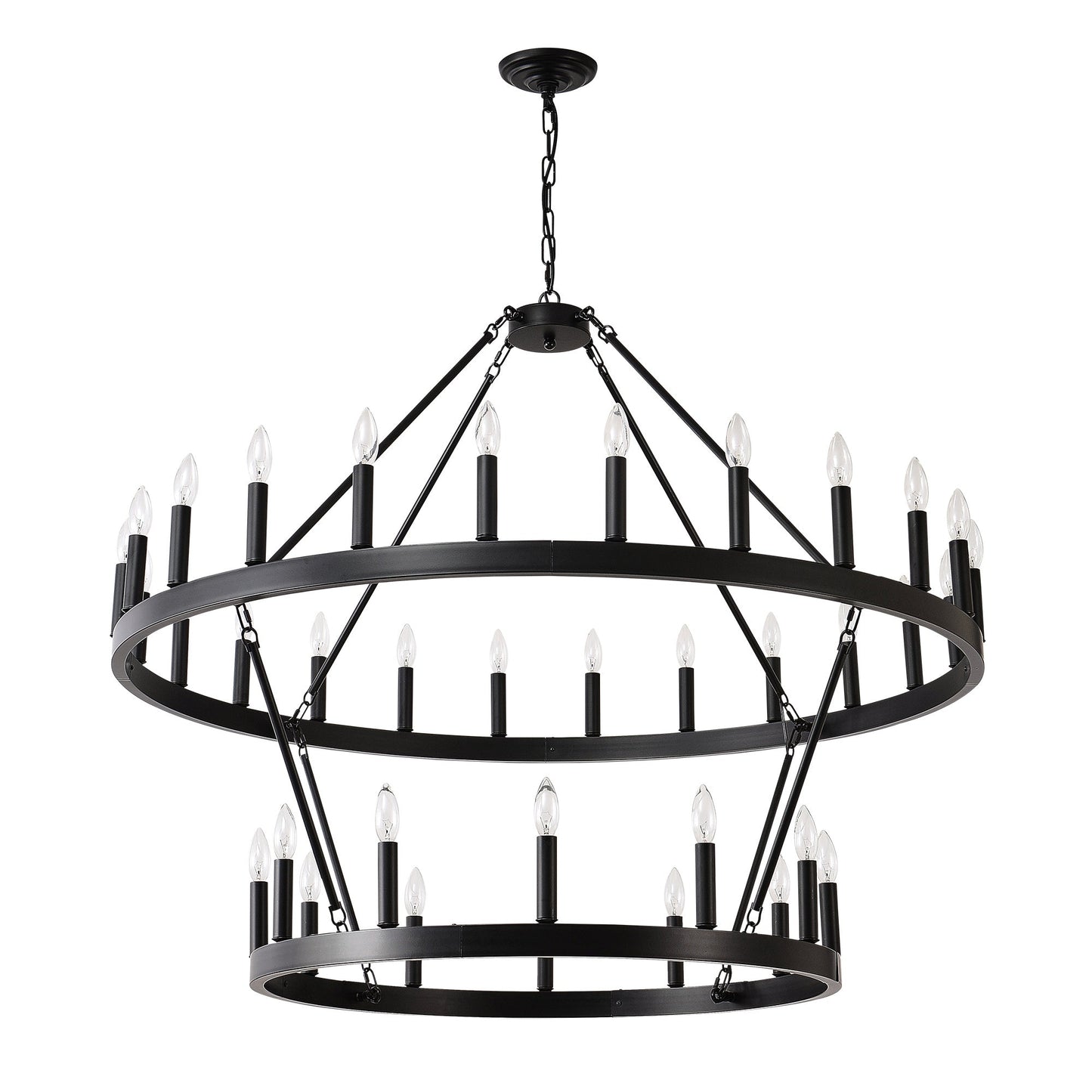 2 Tiers Wagon Wheel Chandelier Wooden Farmhouse 36 Light Black Metal Chandeliers 2 Story Light Fixtures Industrial