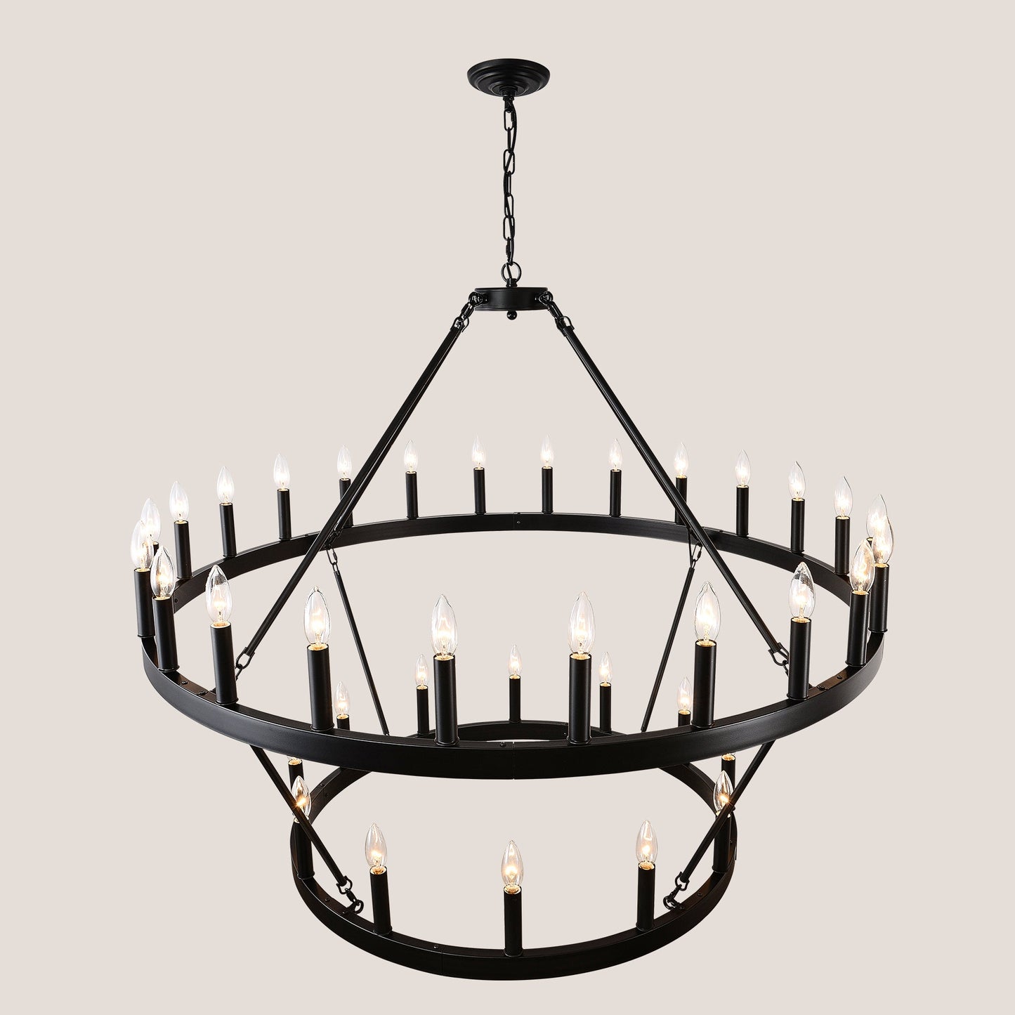 2 Tiers Wagon Wheel Chandelier Wooden Farmhouse 36 Light Black Metal Chandeliers 2 Story Light Fixtures Industrial