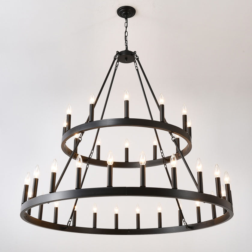 2 Tiers Wagon Wheel Chandelier Wooden Farmhouse 36 Light Black Metal Chandeliers 2 Story Light Fixtures Industrial