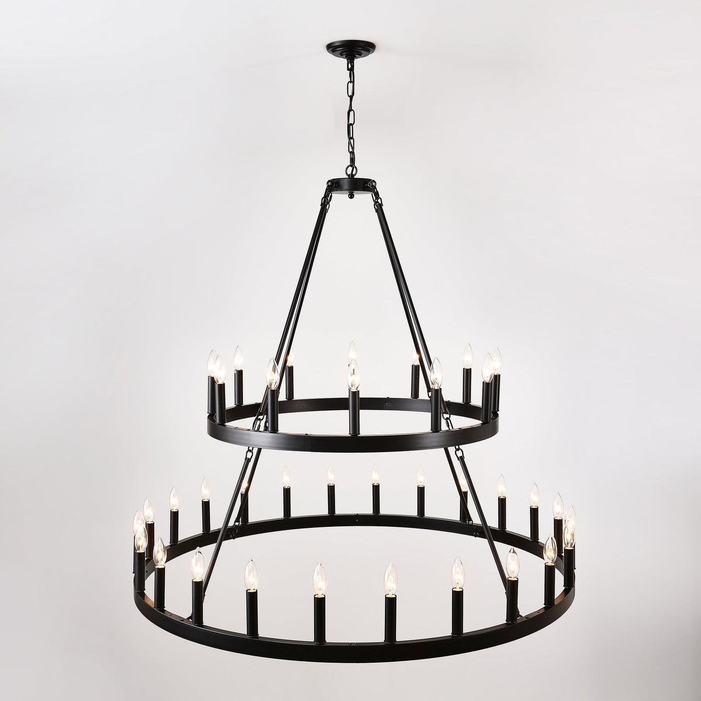 2 Tiers Wagon Wheel Chandelier Wooden Farmhouse 36 Light Black Metal Chandeliers 2 Story Light Fixtures Industrial