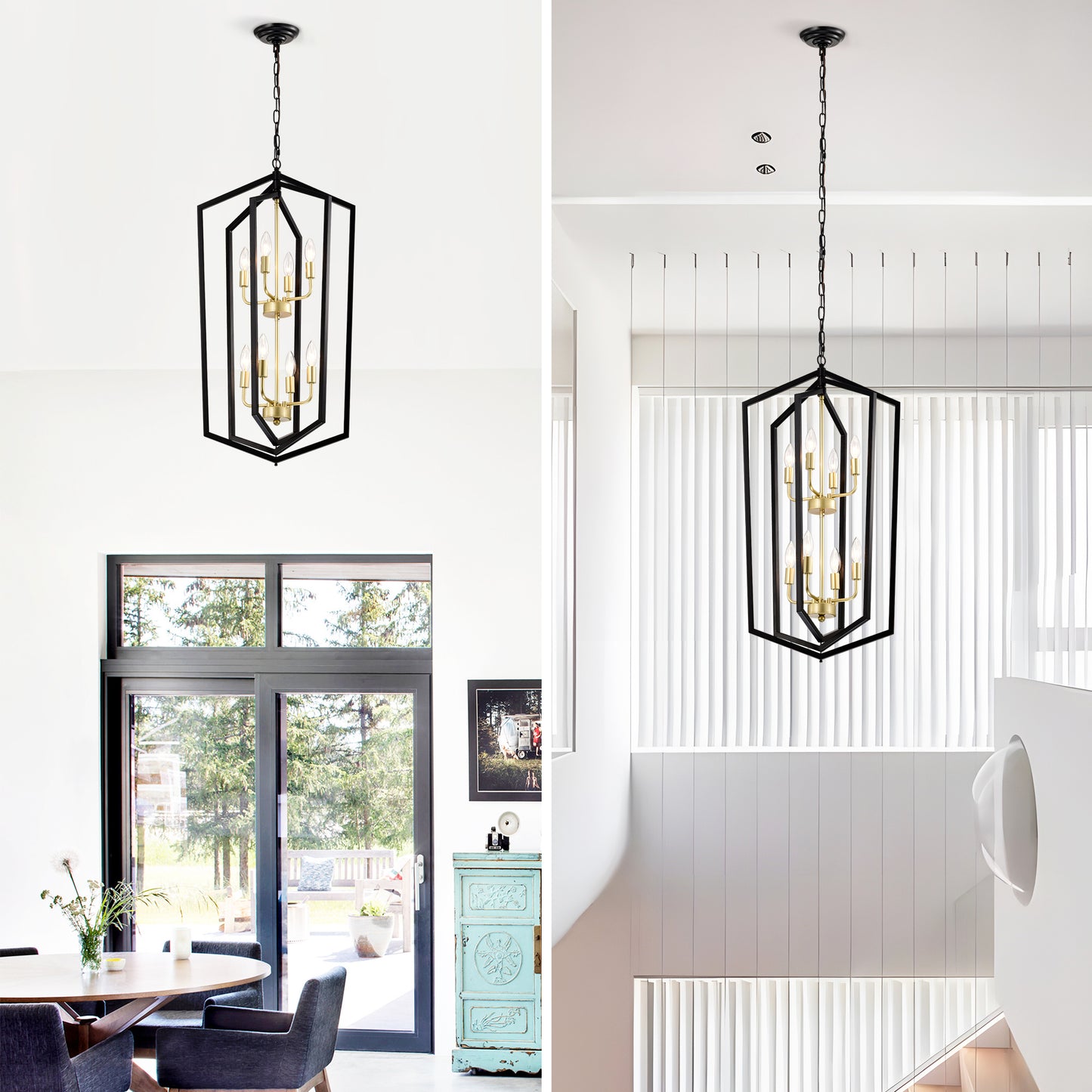 8 Light Farmhouse Hanging Lights Living Room Chandelier with Lantern Frame