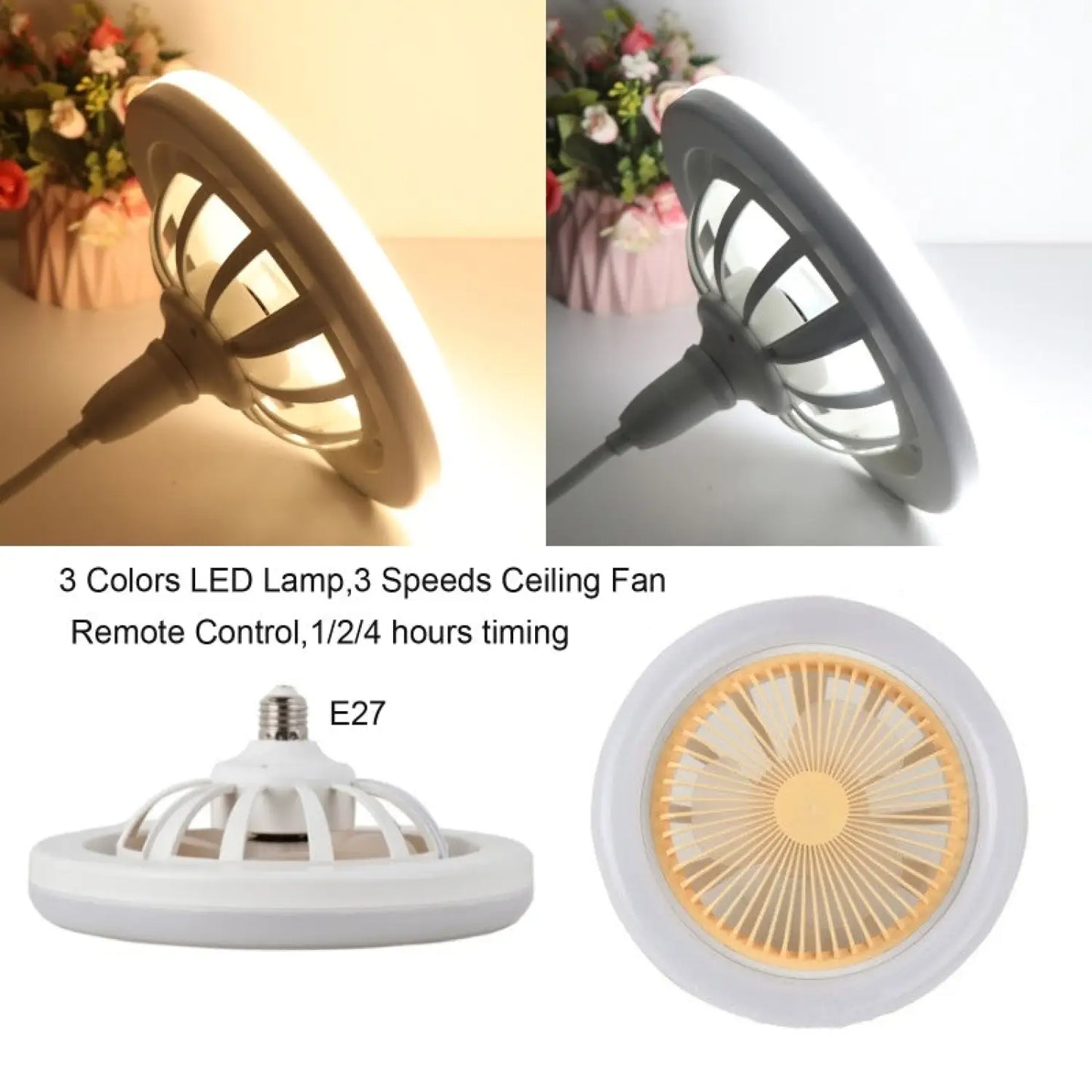 26CM Remote Control LED Light and Fan - Ceiling Fan with E27 Lamp - Hanging Fan