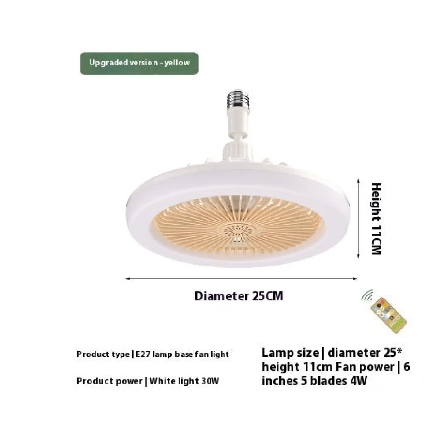 26CM Remote Control LED Light and Fan - Ceiling Fan with E27 Lamp - Hanging Fan