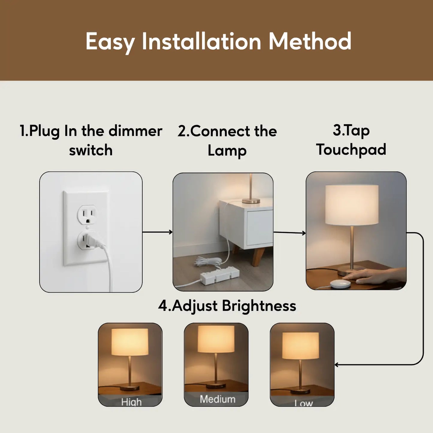 3 Level touch Light Dimmer with 3 Plug - Receptacles 120V - Transformer