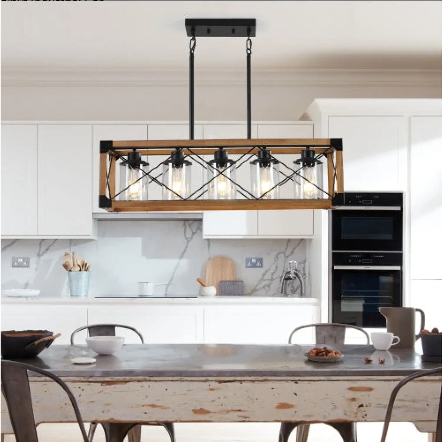 32’’ Walnut Rectangle Pendant Light Hanging Chandelier for Industries & Farmhouse - Walnut and Black - Hanging Light
