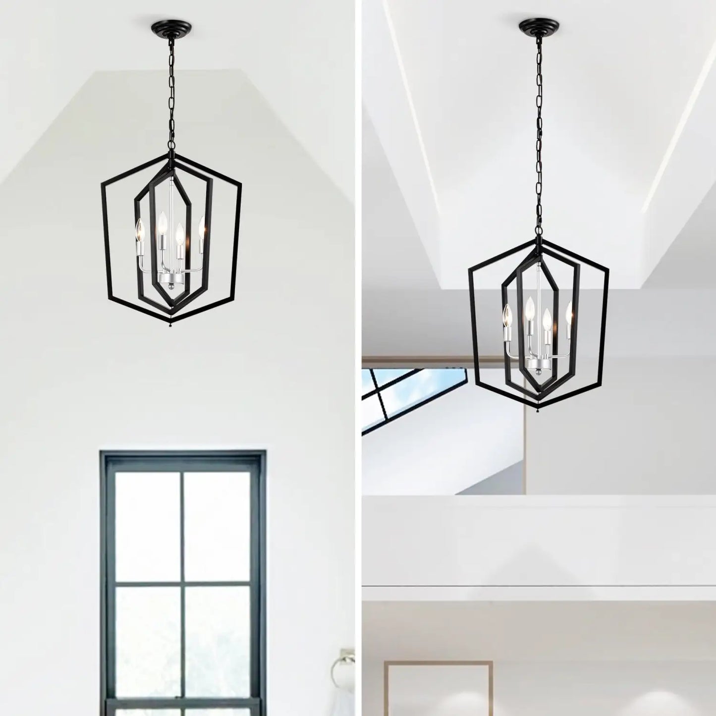 4 Light Farmhouse Kitchen Chandeliers Matte Black And Sliver Vintage Rustic Cage Light Fixture Adjustable Height