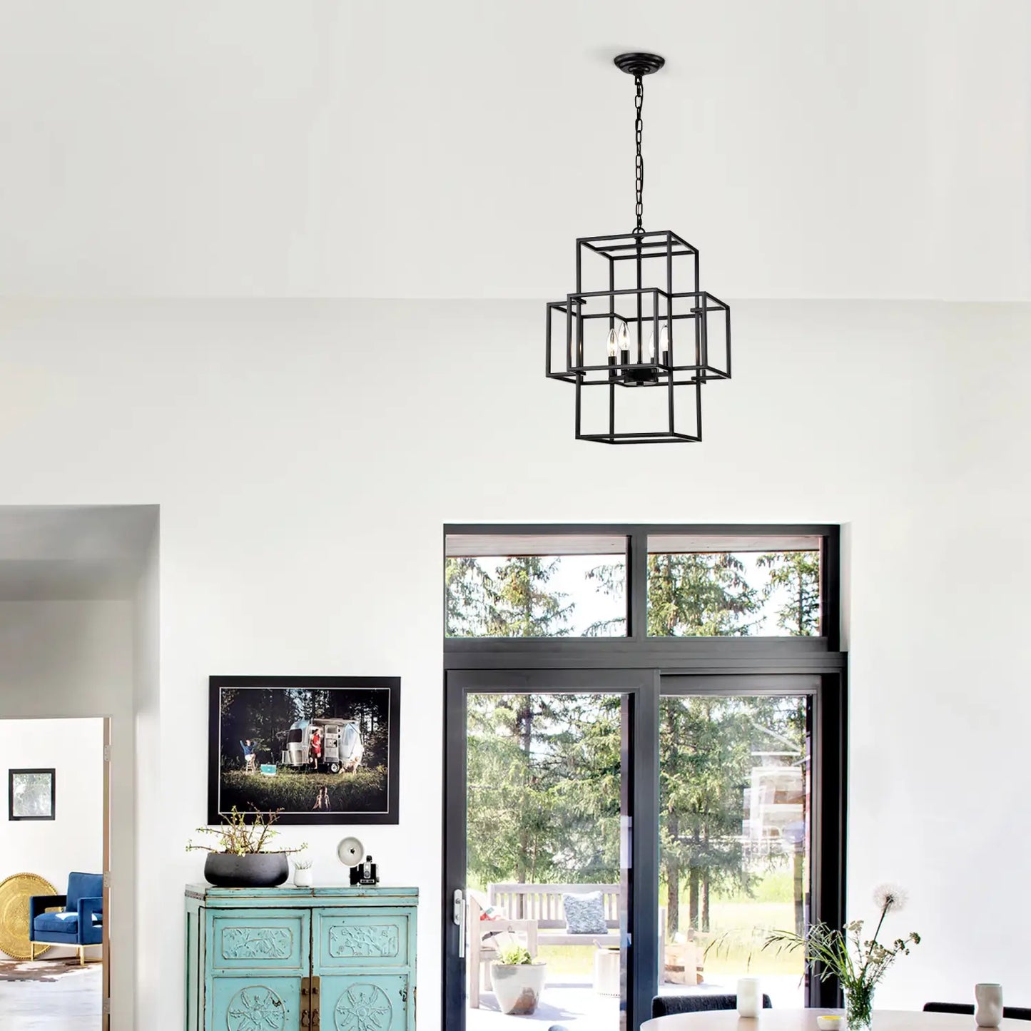 4 Light Farmhouse Hanging Lights Indoor with Adjustable Height Matte Black Hanging Light