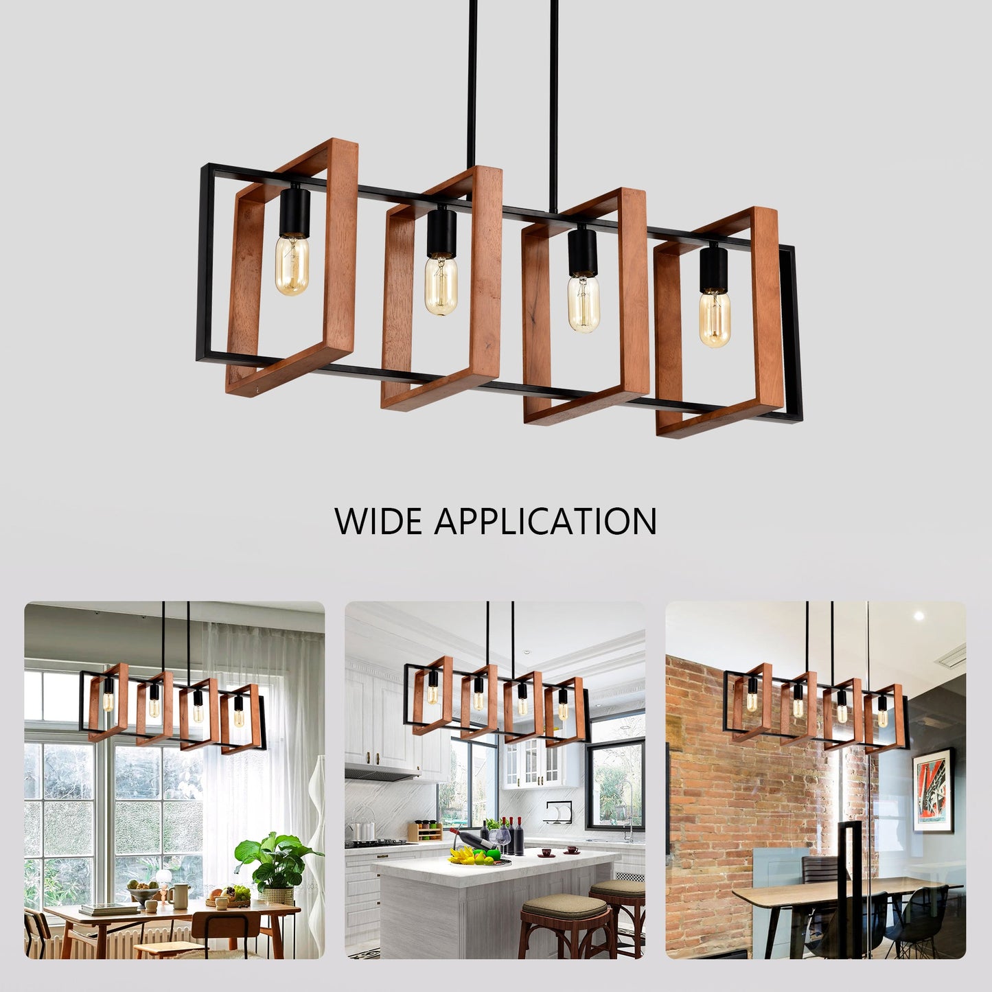4 Light Kitchen Island Lights Pendant Light Farmhouse Dining Room Light Fixture Rustic Wood And Black Metal Rectangular