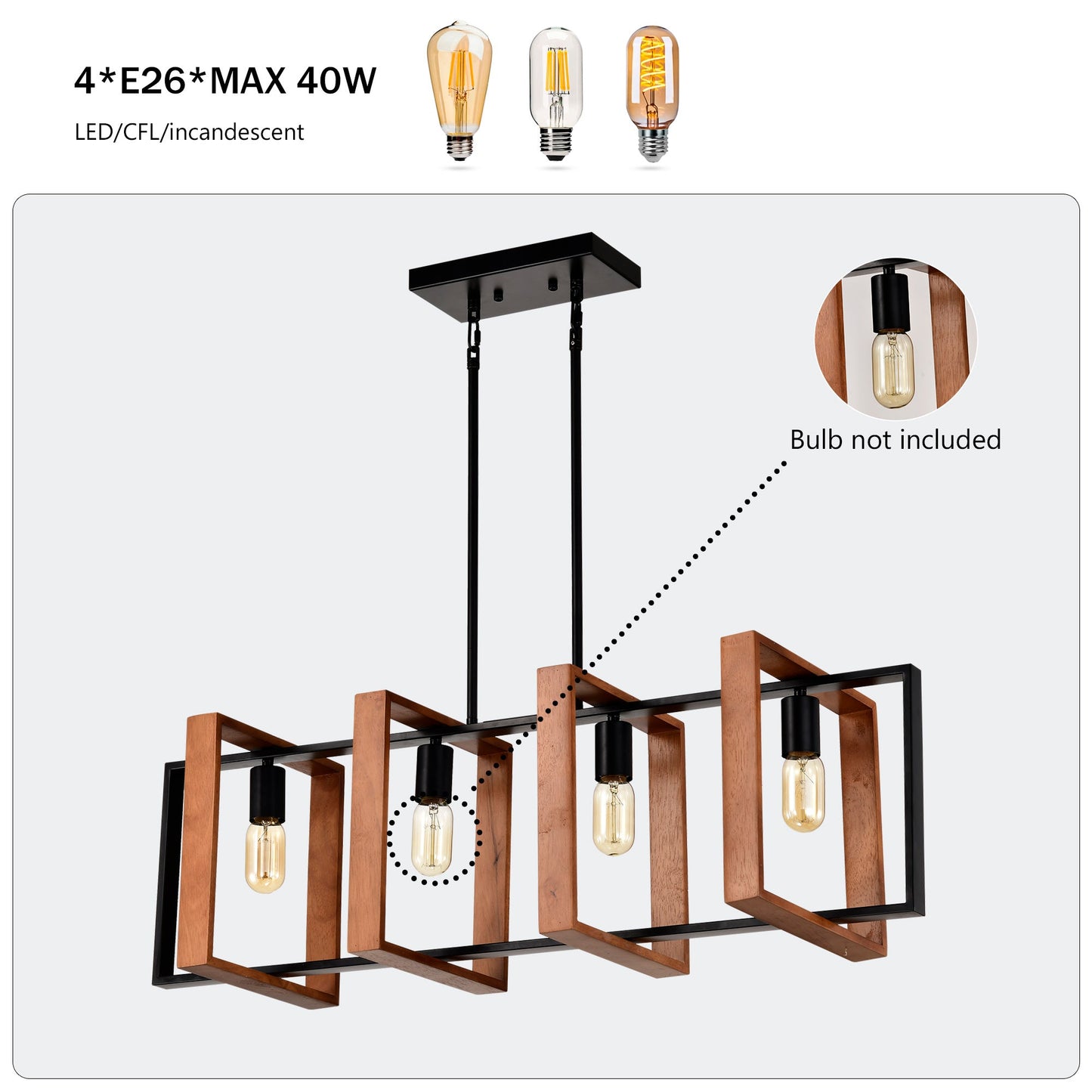 4 Light Kitchen Island Lights Pendant Light Farmhouse Dining Room Light Fixture Rustic Wood And Black Metal Rectangular