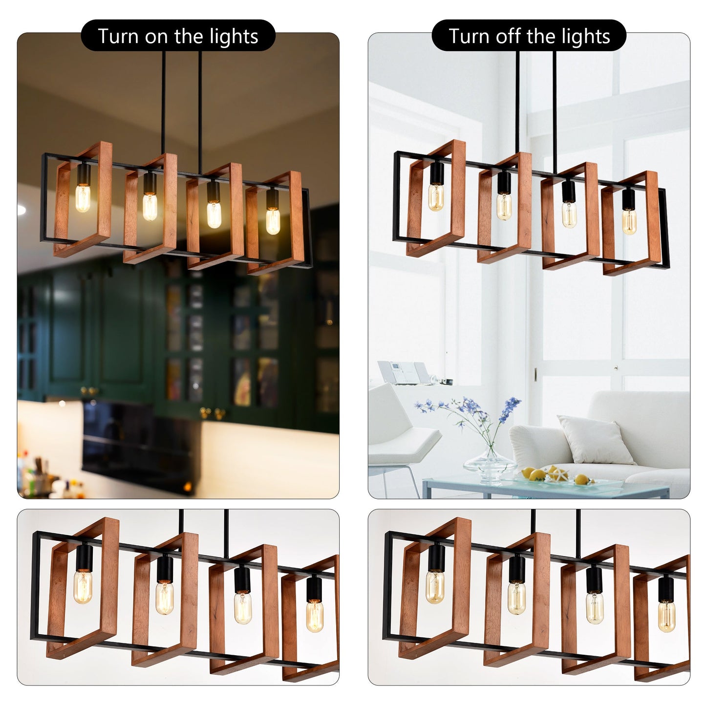 4 Light Kitchen Island Lights Pendant Light Farmhouse Dining Room Light Fixture Rustic Wood And Black Metal Rectangular