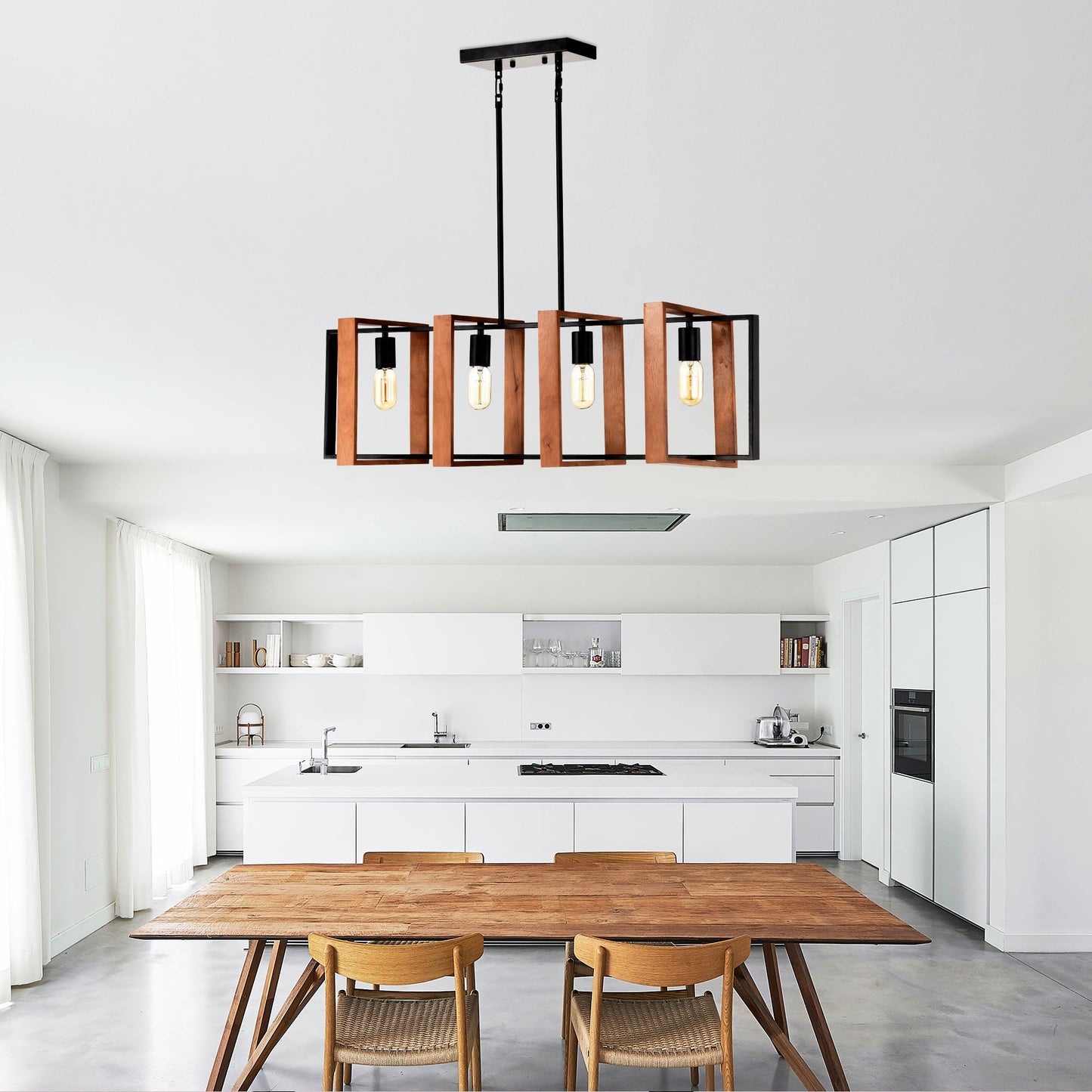 4 Light Kitchen Island Lights Pendant Light Farmhouse Dining Room Light Fixture Rustic Wood And Black Metal Rectangular