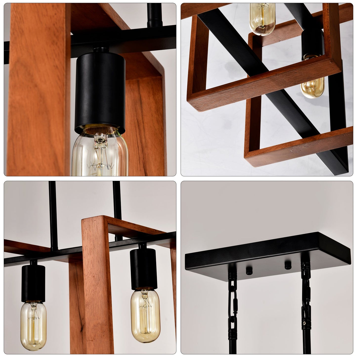 4 Light Kitchen Island Lights Pendant Light Farmhouse Dining Room Light Fixture Rustic Wood And Black Metal Rectangular