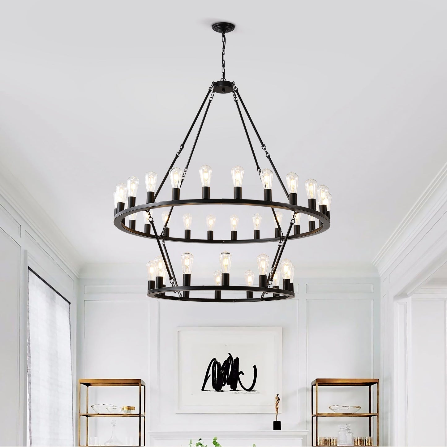 48 Inch Black Extra Large Wagon Wheel Chandelier 2 Tier 36 Lights No Include Farmhouse Industrial Round High Ceiling