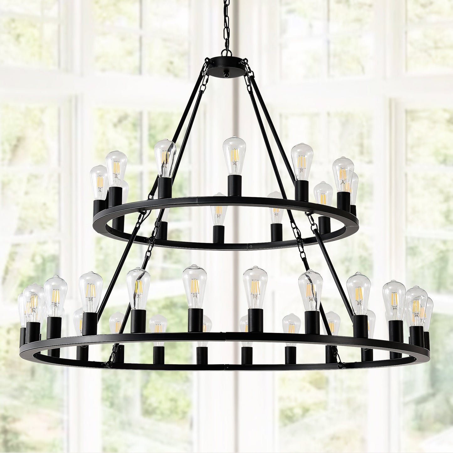 48 Inch Black Extra Large Wagon Wheel Chandelier 2 Tier 36 Lights No Include Farmhouse Industrial Round High Ceiling