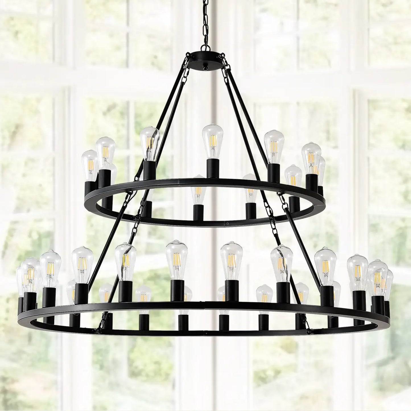 48 Inch Black Extra Large Wagon Wheel Chandelier 2 Tier 36 Lights No Include Farmhouse Industrial Round High Ceiling