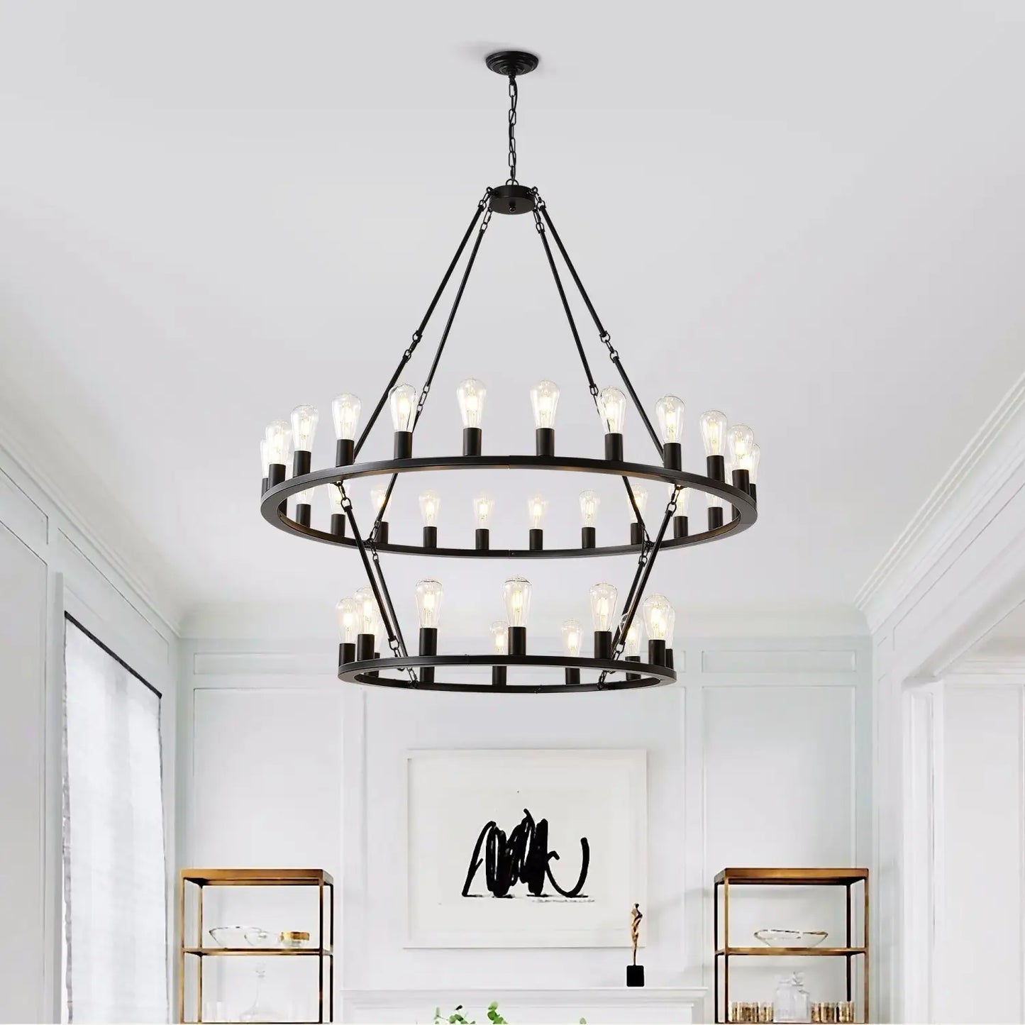 48 Inch Black Extra Large Wagon Wheel Chandelier 2 Tier 36 Lights No Include Farmhouse Industrial Round High Ceiling