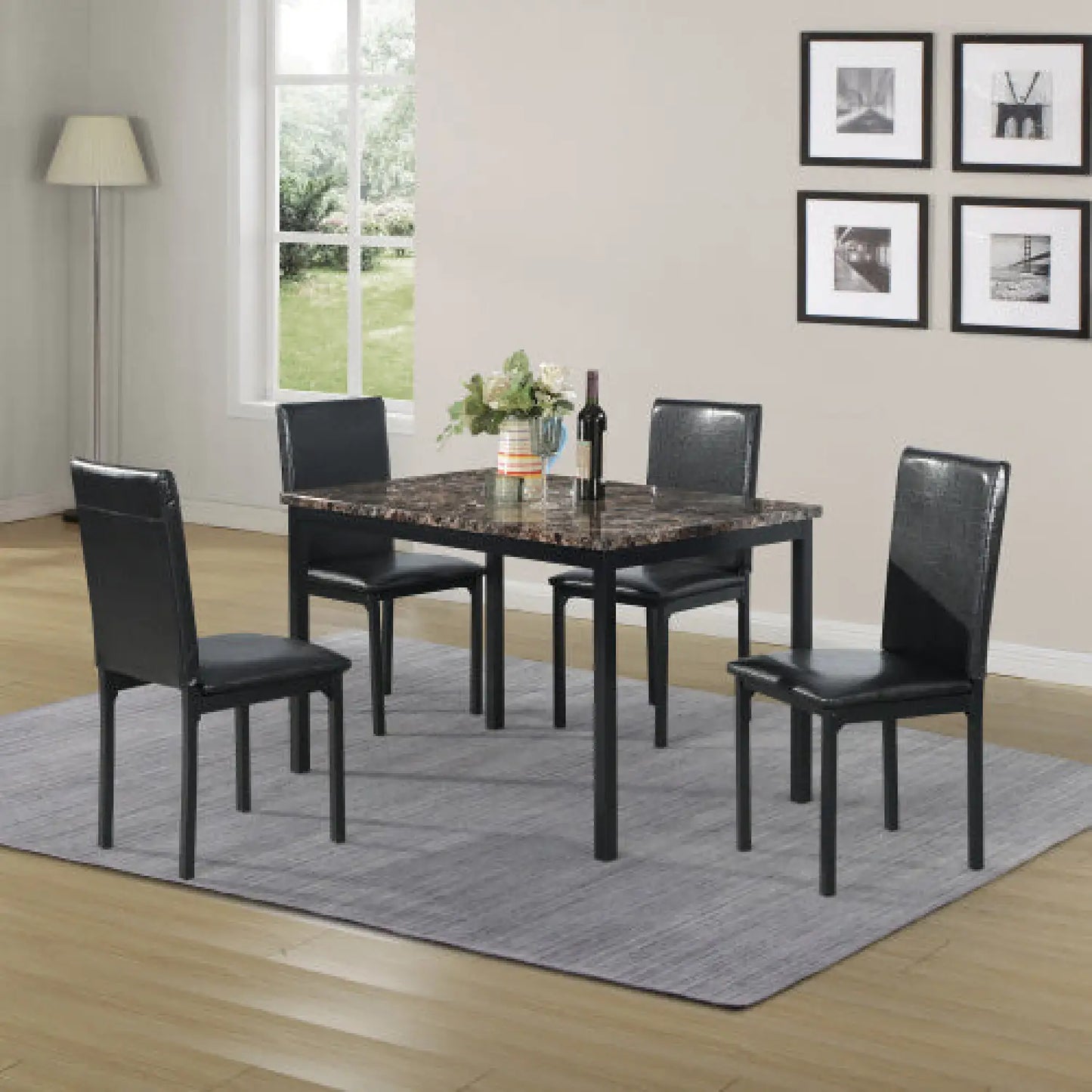 5-Piece Black Dining Table Set with Marble Style Top - Table and chair set - Dining Table