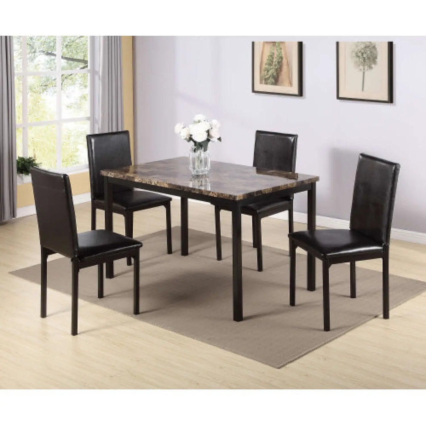 5-Piece Black Dining Table Set with Marble Style Top - Table and chair set - Dining Table