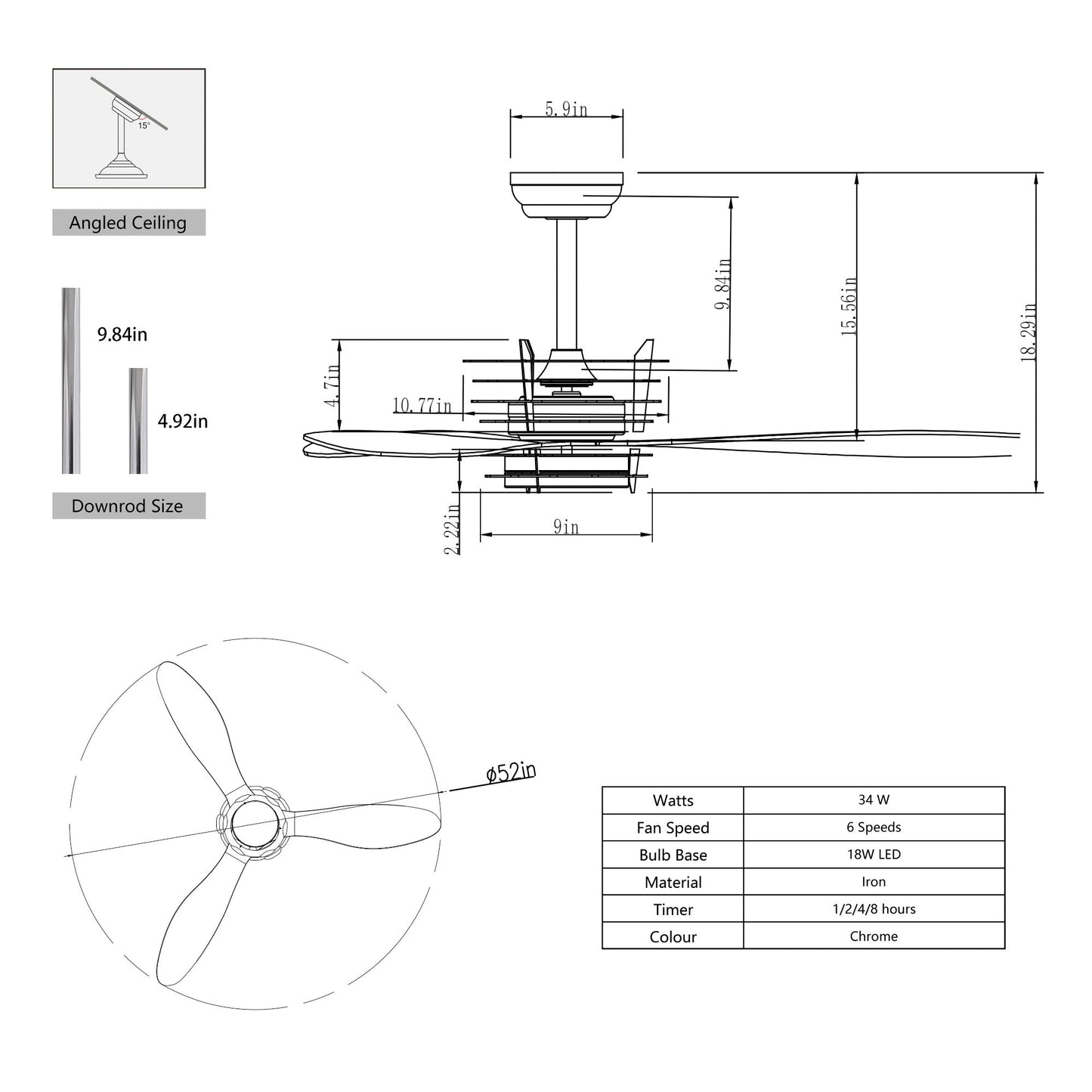 52’’ ABS Blades Ceiling Fan With Lights And DC Remote DC Motor Modern Ceiling Fan With 3 ABS Fan Blades & 2 Down Rods