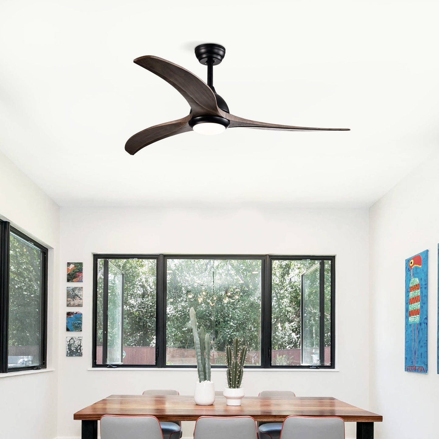 52’’ Ceiling Fan with Light Modern Design Remote and 6 Speed Options Matte Black 12V Hanging Light