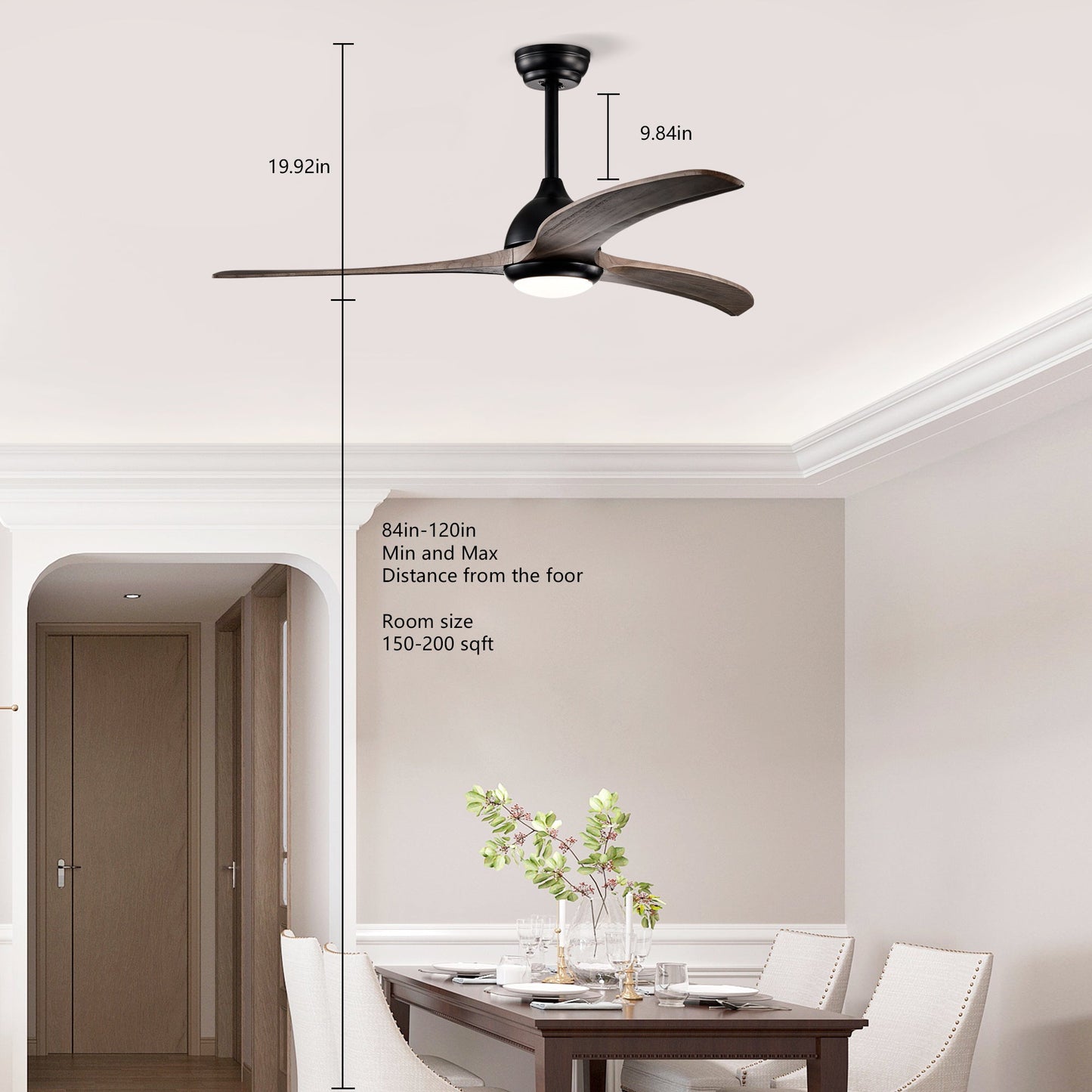52’’ Ceiling Fan with Light Modern Design Remote and 6 Speed Options Matte Black 12V Hanging Light