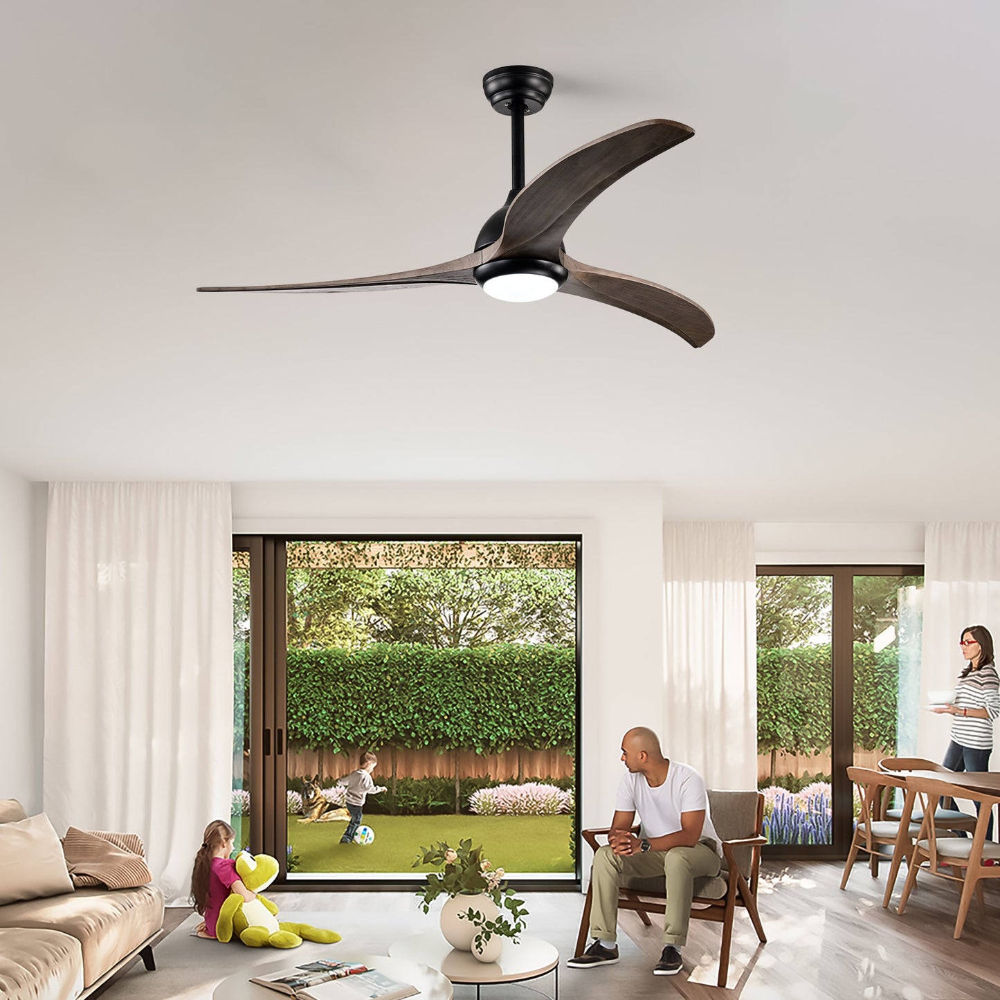 52’’ Ceiling Fan with Light Modern Design Remote and 6 Speed Options Matte Black 12V Hanging Light