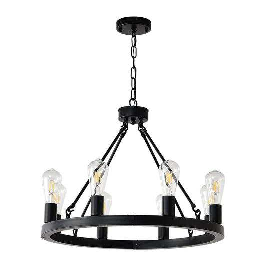 8 Light No Bulbs Matte Black Wagon Wheel Chandelier Farmhouse Modern Small Round Chandelier For Living Room Kitchen