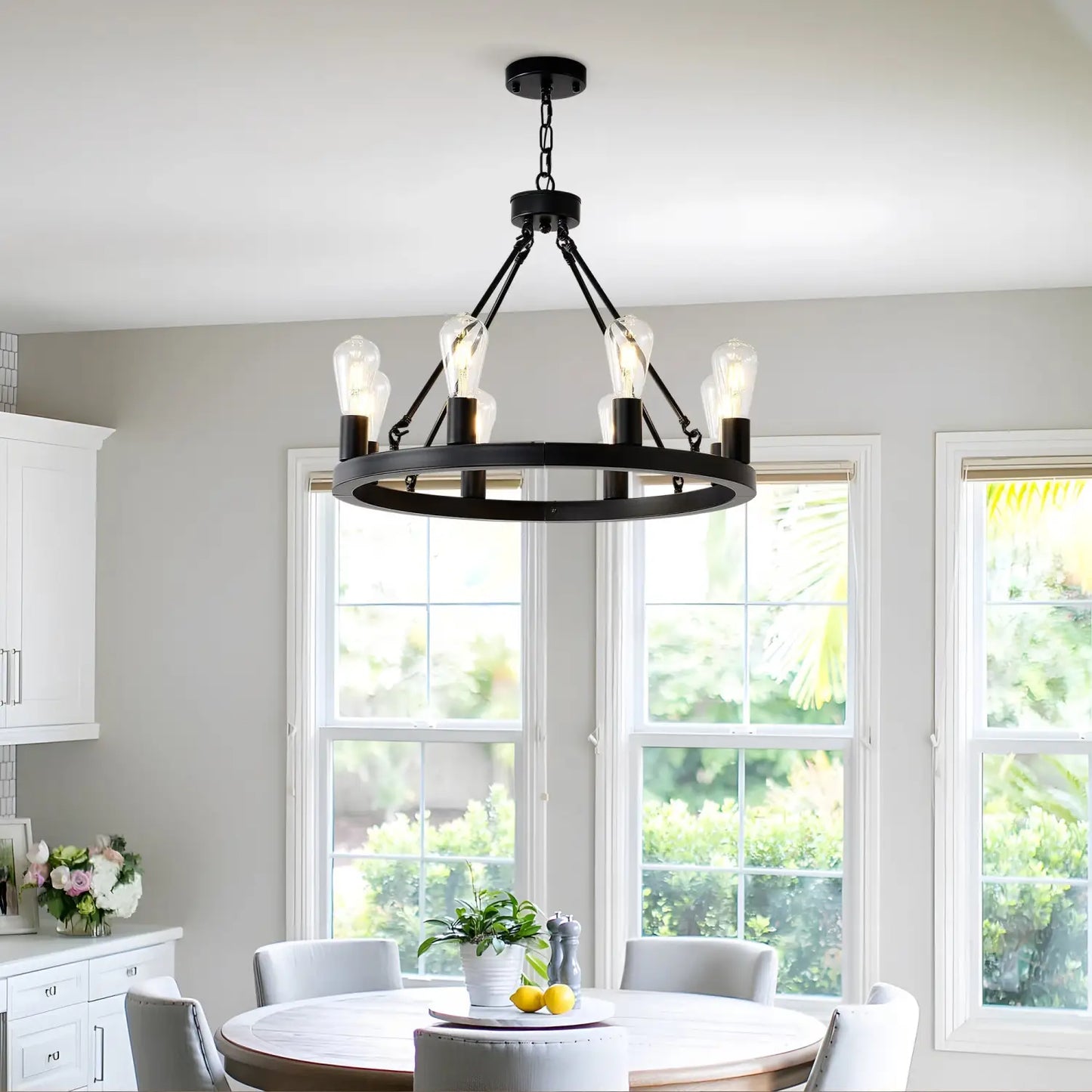 8 Light No Bulbs Matte Black Wagon Wheel Chandelier Farmhouse Modern Small Round Chandelier For Living Room Kitchen