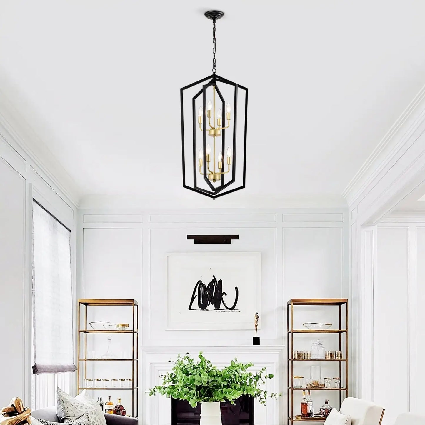 8 Light Farmhouse Hanging Lights Living Room Chandelier with Lantern Frame Matte Black Hanging Light