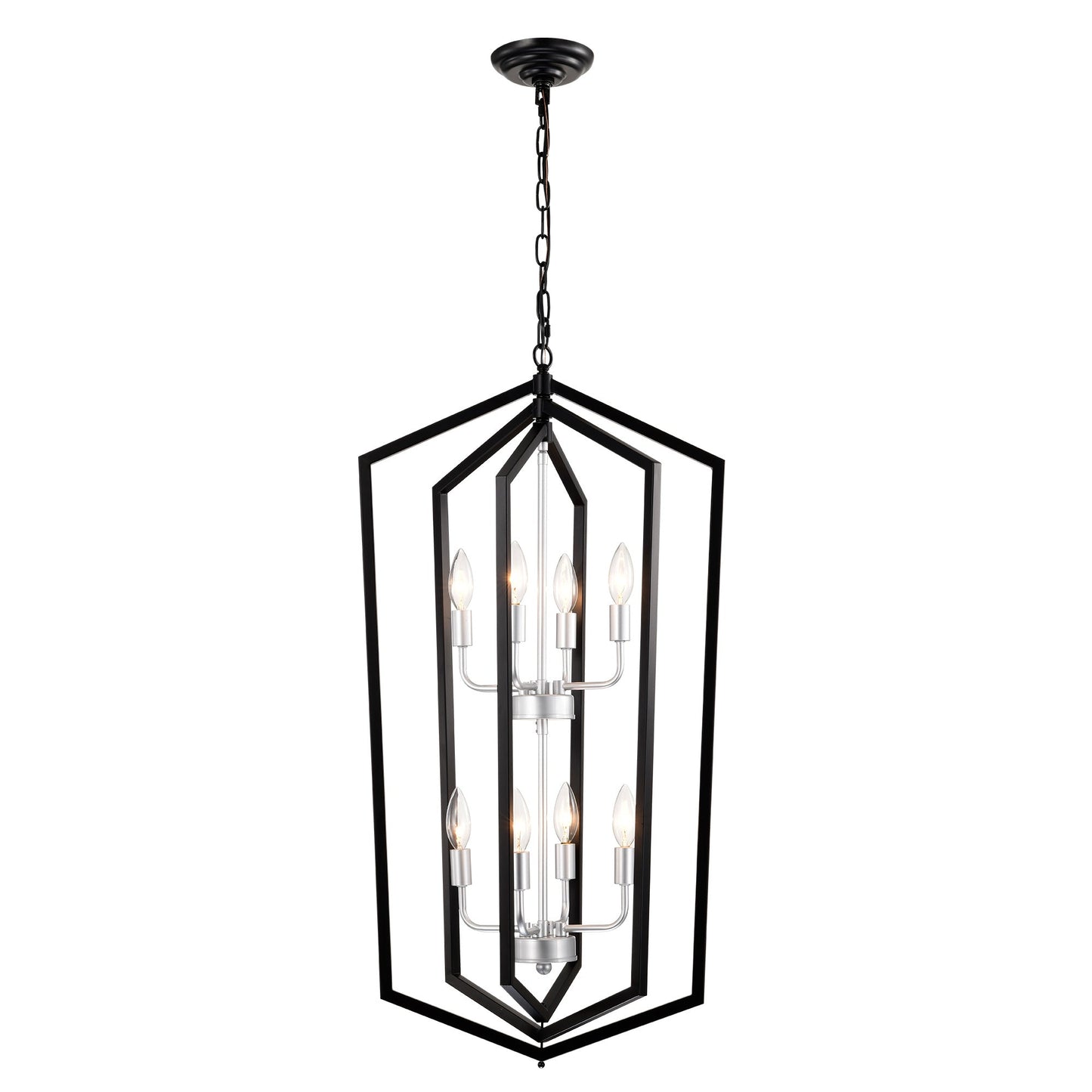 8 Light Farmhouse Kitchen Chandeliers Matte Black And Sliver Vintage Rustic Cage Light Fixture Adjustable Height