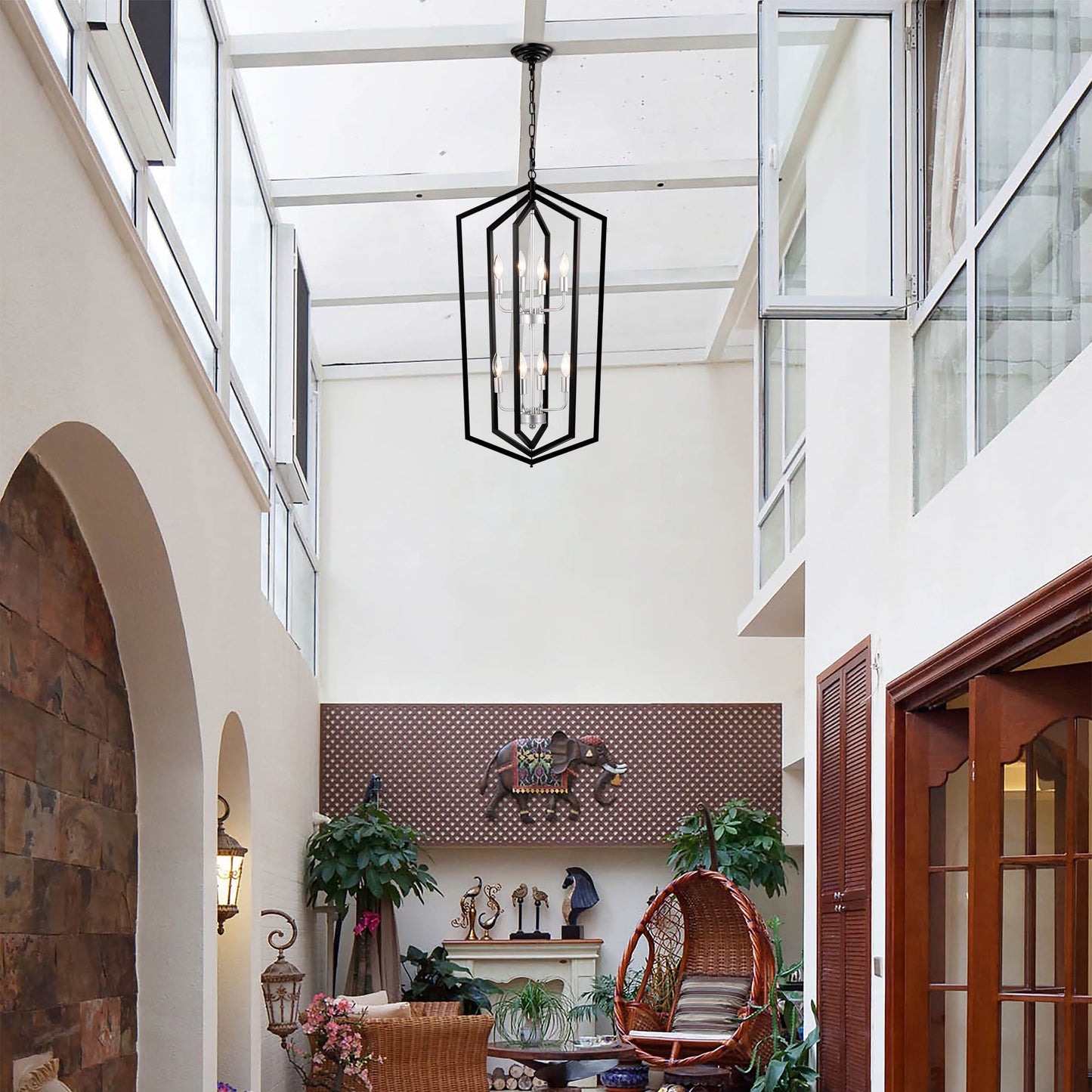 8 Light Farmhouse Kitchen Chandeliers Matte Black And Sliver Vintage Rustic Cage Light Fixture Adjustable Height
