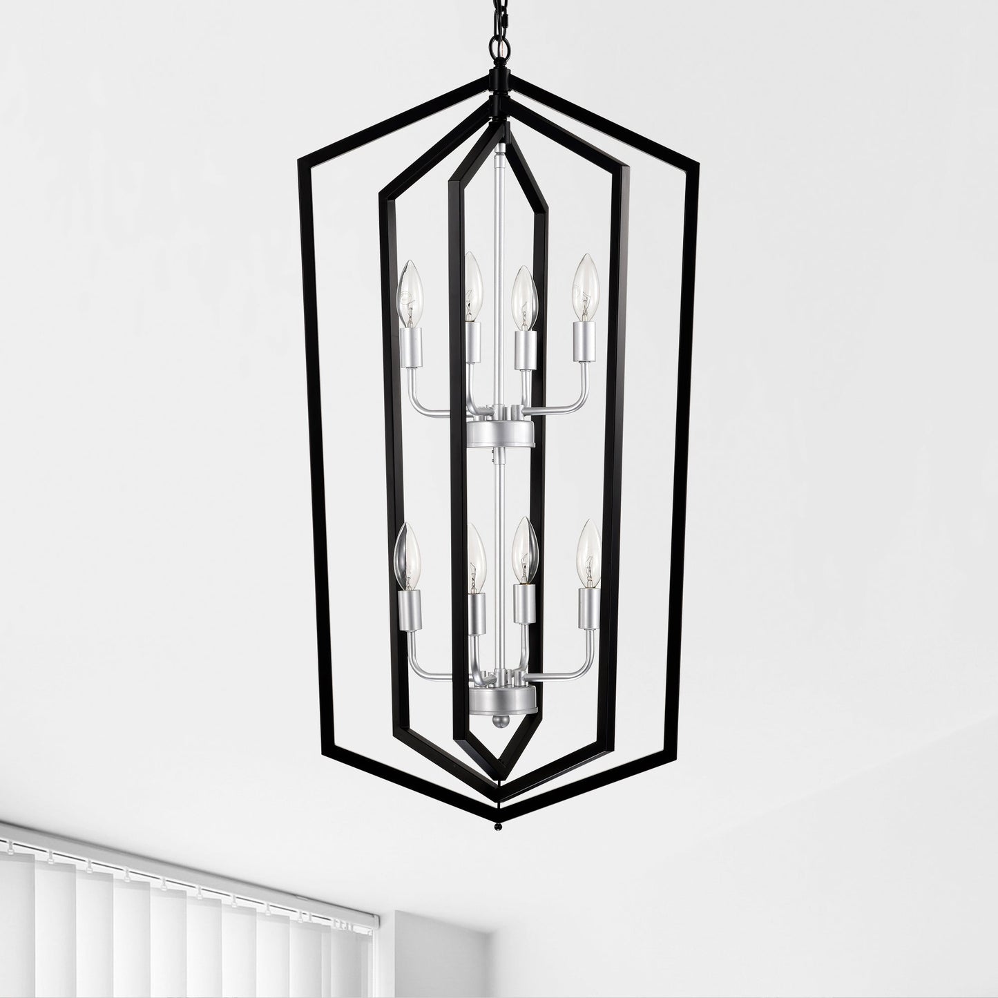 8 Light Farmhouse Kitchen Chandeliers Matte Black And Sliver Vintage Rustic Cage Light Fixture Adjustable Height