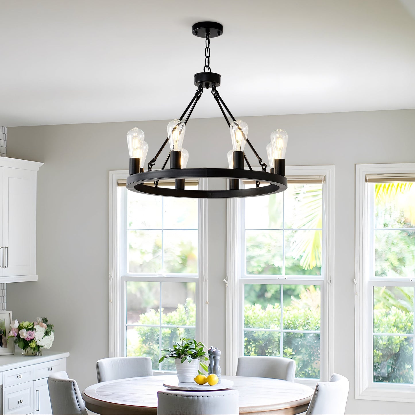 8 Light No Bulbs Matte Black Wagon Wheel Chandelier Farmhouse Modern Small Round Chandelier For Living Room Kitchen