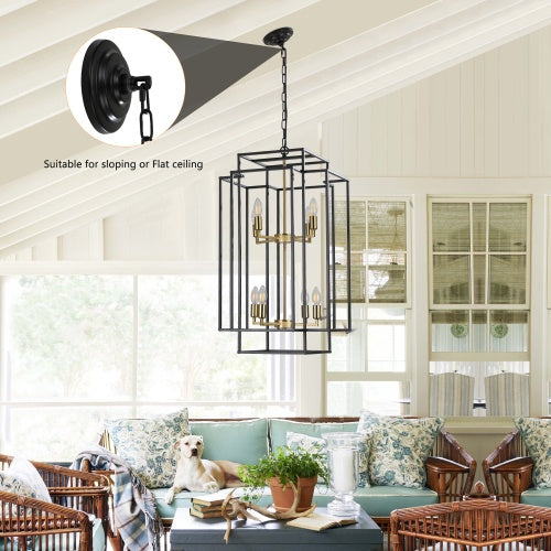 8 Lights Black & Gold Lantern Tiered Chandelier Industrial Farmhouse Chandelier No Bulbs Unavailable Platform Temu