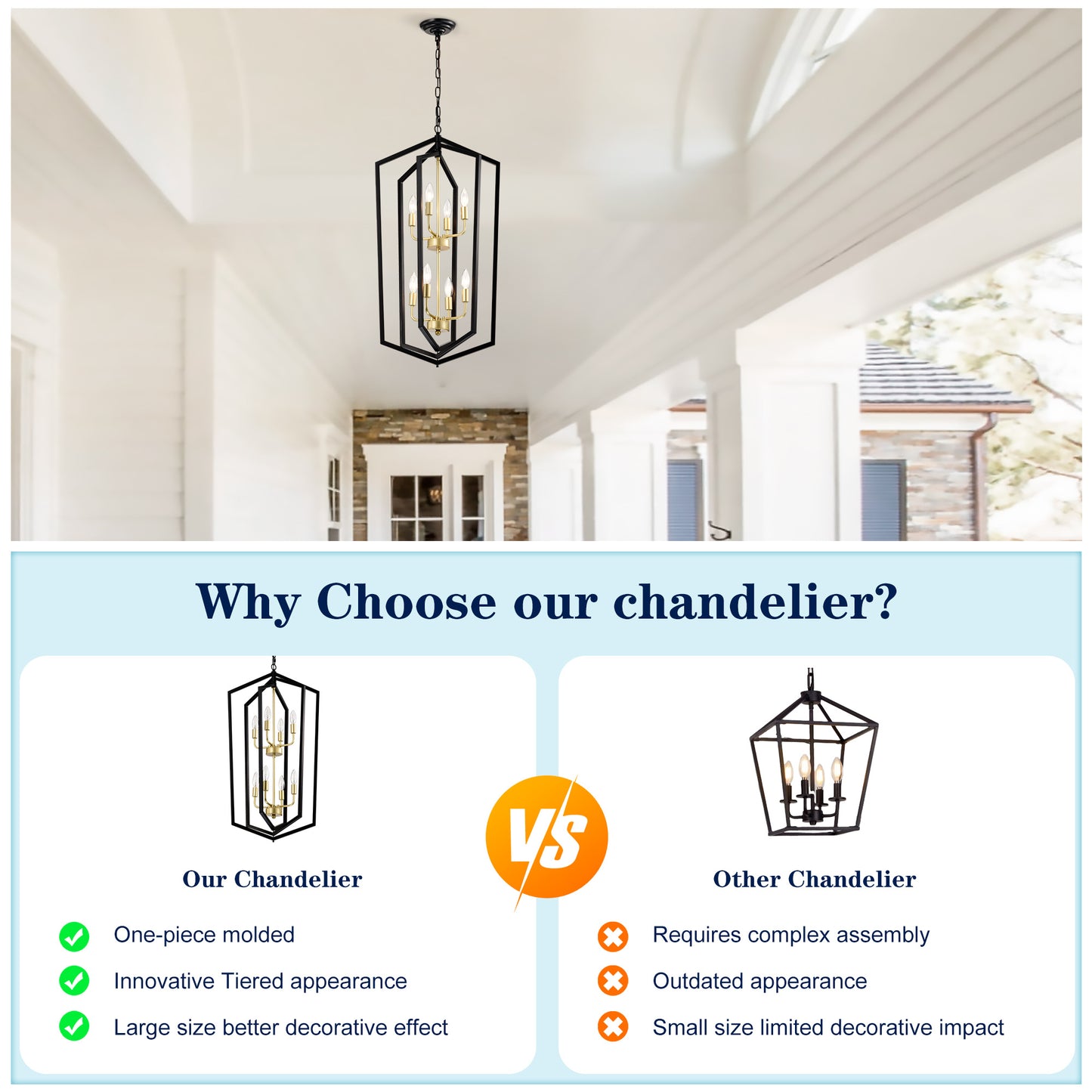 8 Light Farmhouse Hanging Lights Living Room Chandelier with Lantern Frame