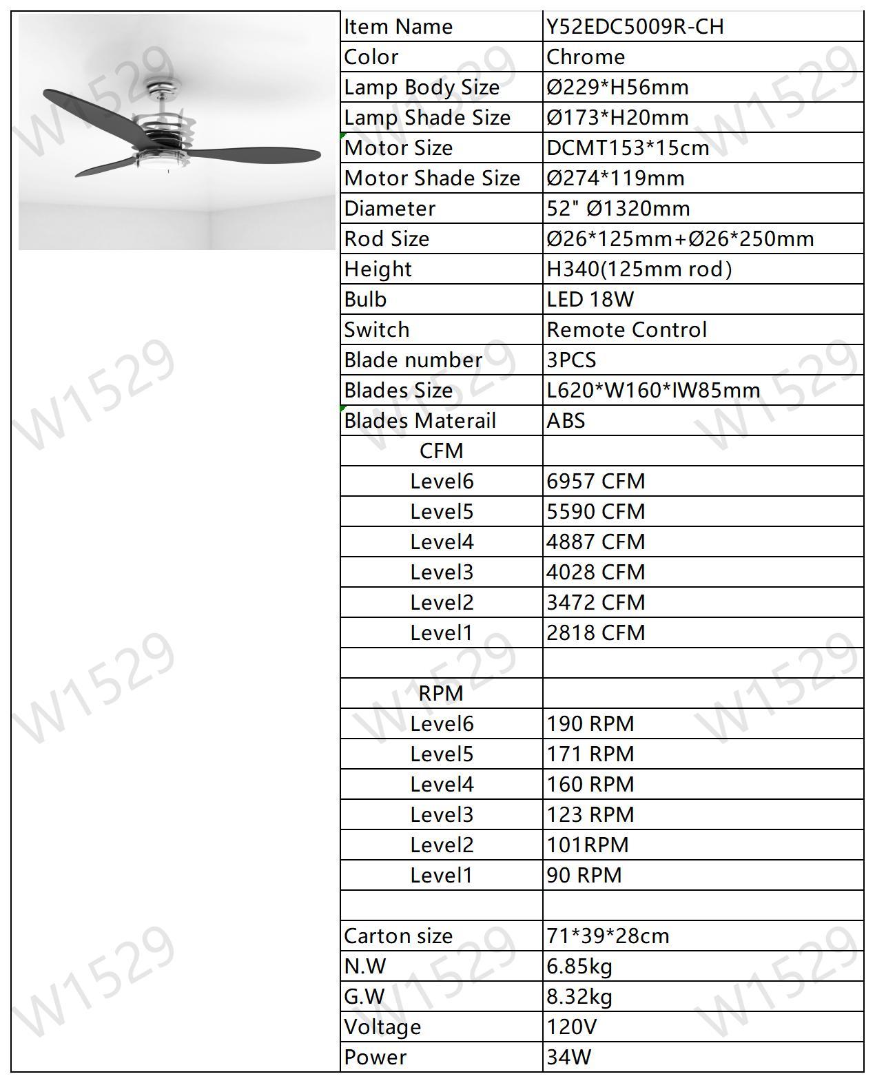 ABS Blades Ceiling Fan With Lights And Remote 6 Speeds Adjustable DC Motor Modern Ceiling Fan With 3 ABS Fan Blades & 2