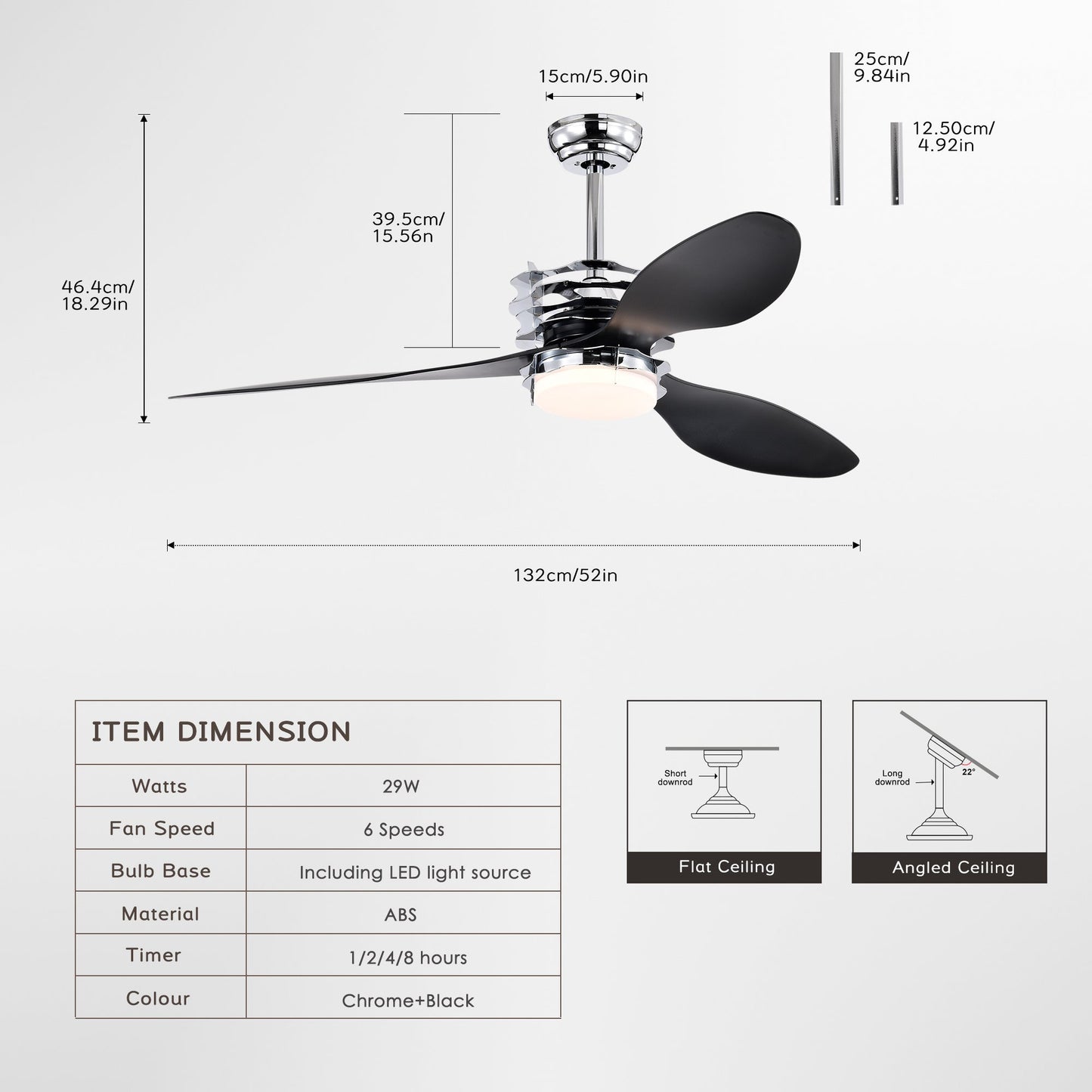 ABS Blades Ceiling Fan With Lights And Remote 6 Speeds Adjustable DC Motor Modern Ceiling Fan With 3 ABS Fan Blades & 2
