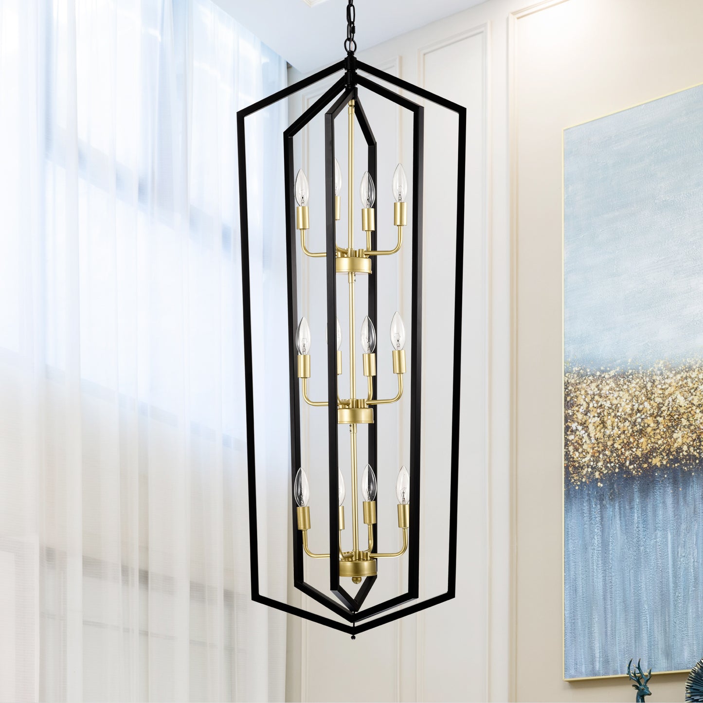 12 Light Farmhouse Hanging Light Indoor Lantern Chandelier with Gold Finish