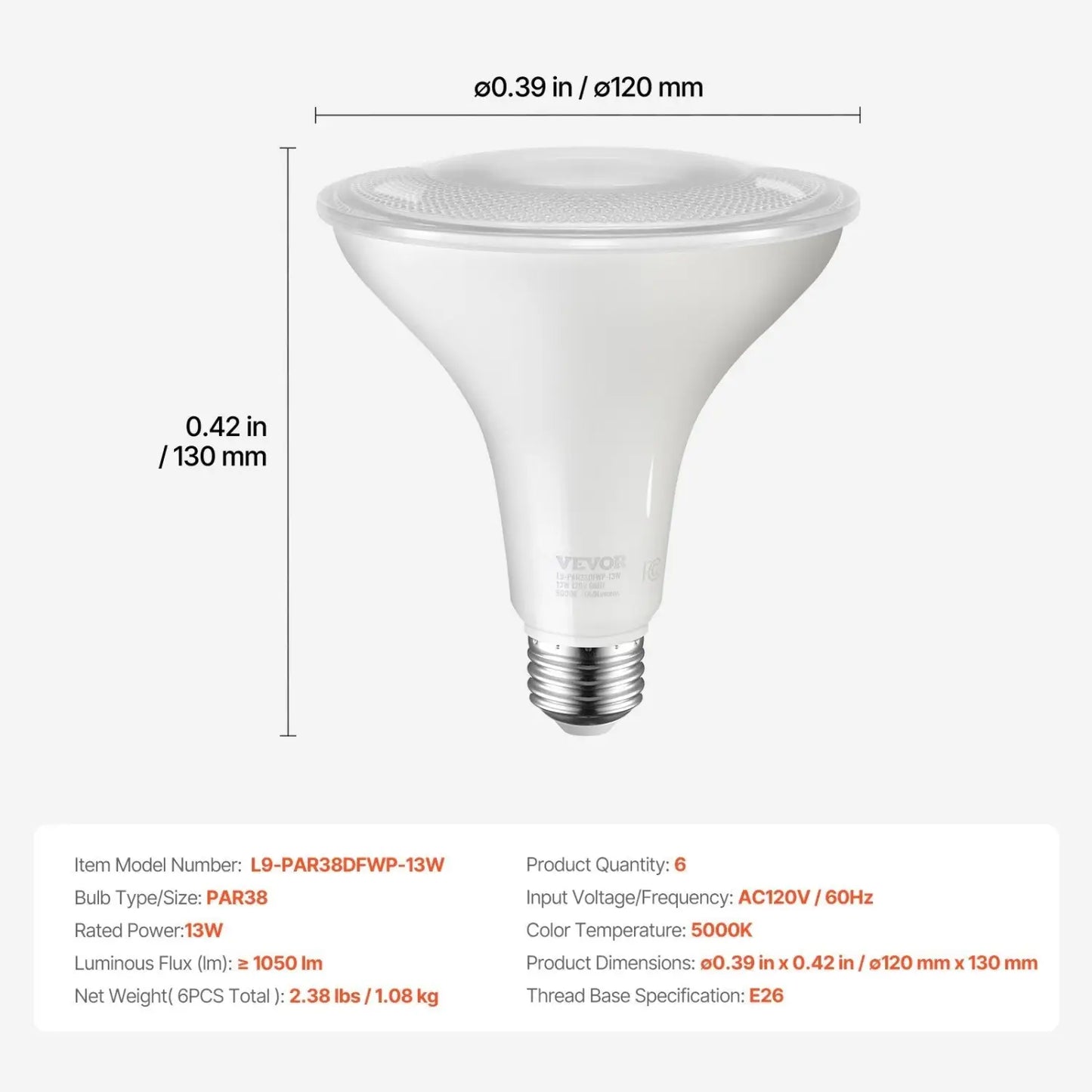 Bright 13W PAR38 Flood Light Bulb with E26 Base - White 6pcs - 12V Hanging Light