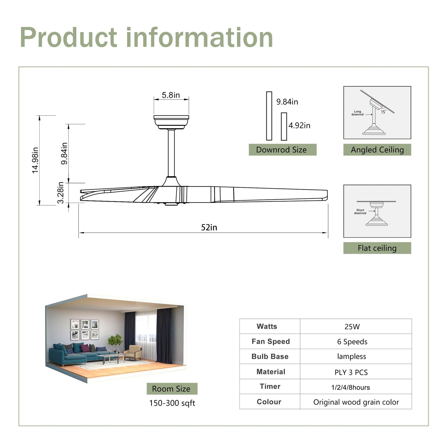 Ceiling Fan With Remote Control No Lights,Modern Reversible DC Motor Indoor 3 Blades Ceiling Fans For Patio Bedroom