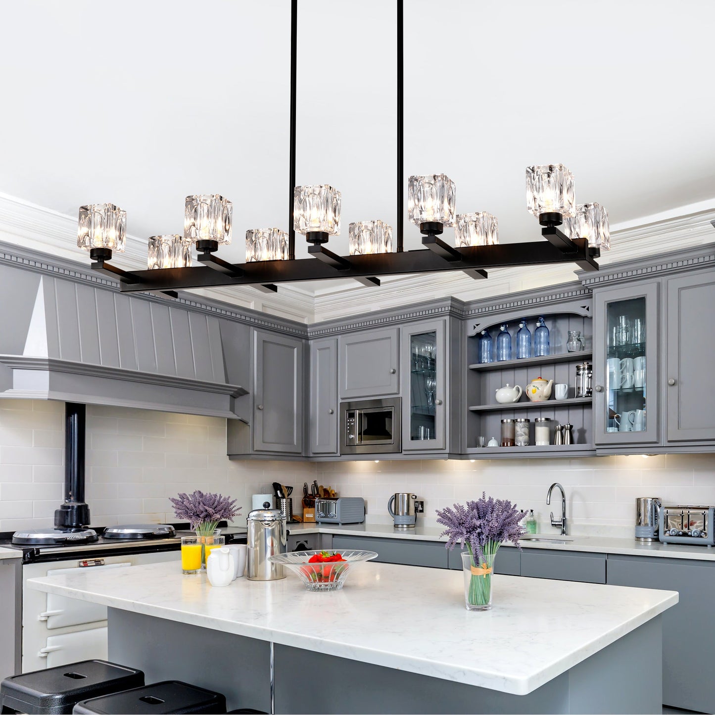 Chandelier Lights for Living Room with Modern Crystal Design & 10 Light Fixture Matte Black 12V Hanging Light