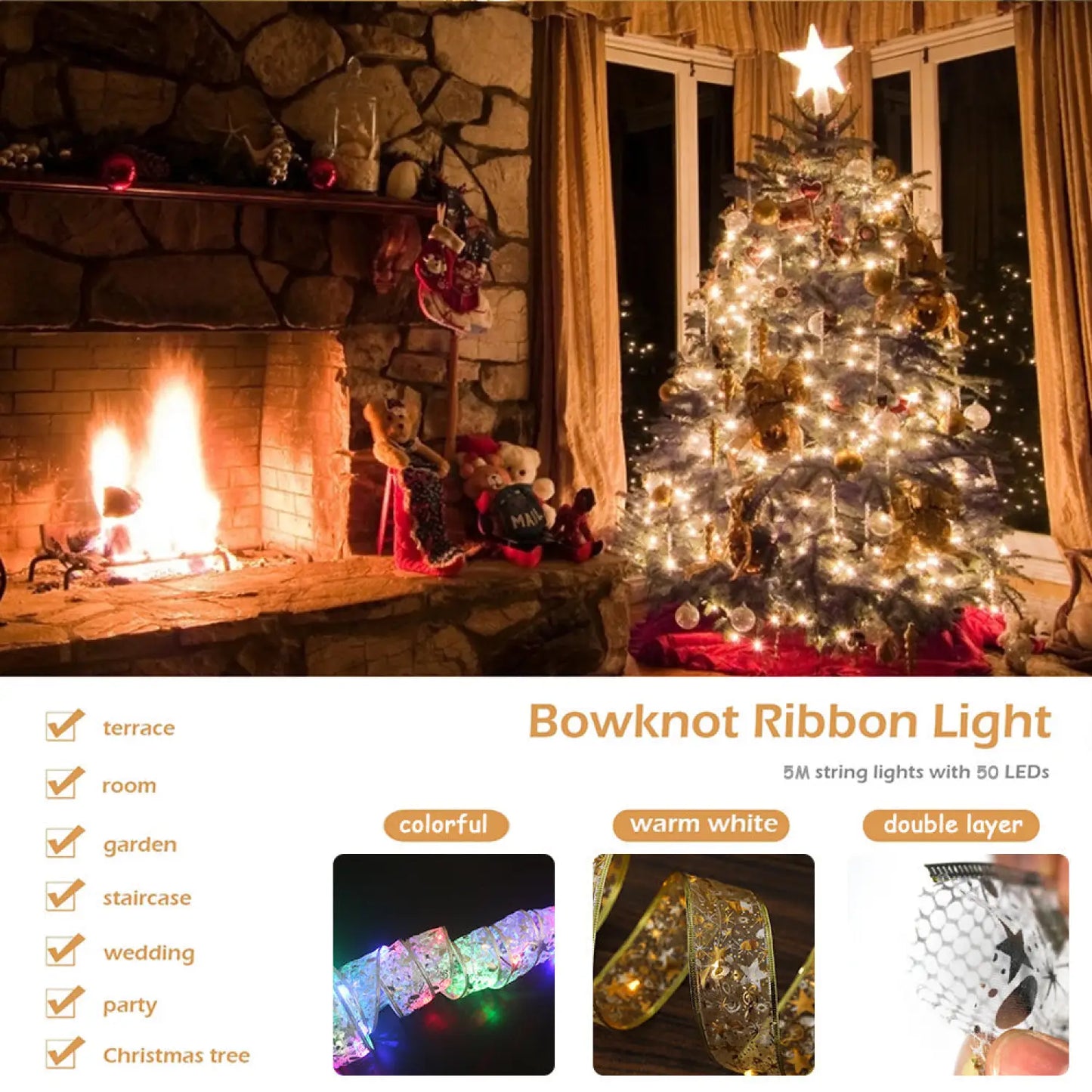 Christmas Ribbon Bow Tie with Fairy Lights for Holiday Decor - 12V Hanging Light