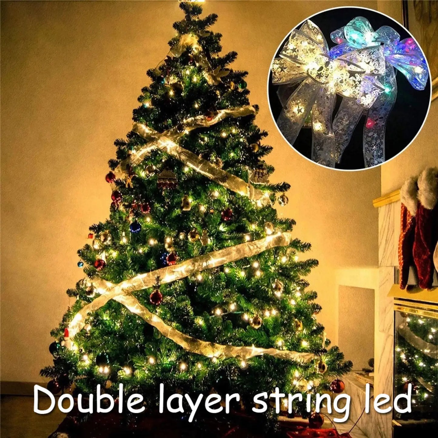 Christmas Ribbon Bow Tie with Fairy Lights for Holiday Decor - 12V Hanging Light