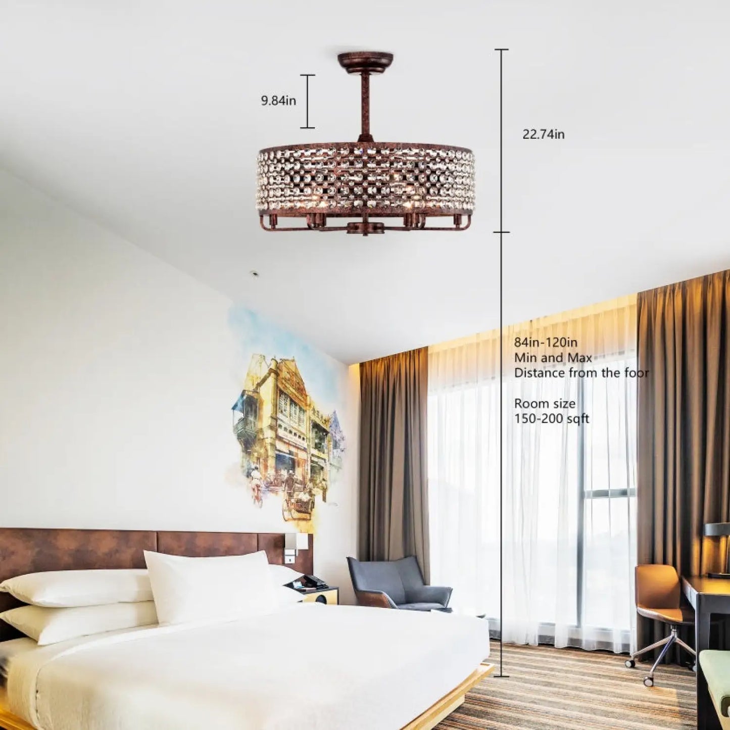 Dia 26.8 Inch Chandelier Ceiling Fan,Crystal Shade Ceiling Fan With Remote Control,3 ABS Blade 4 light No Include Bulb
