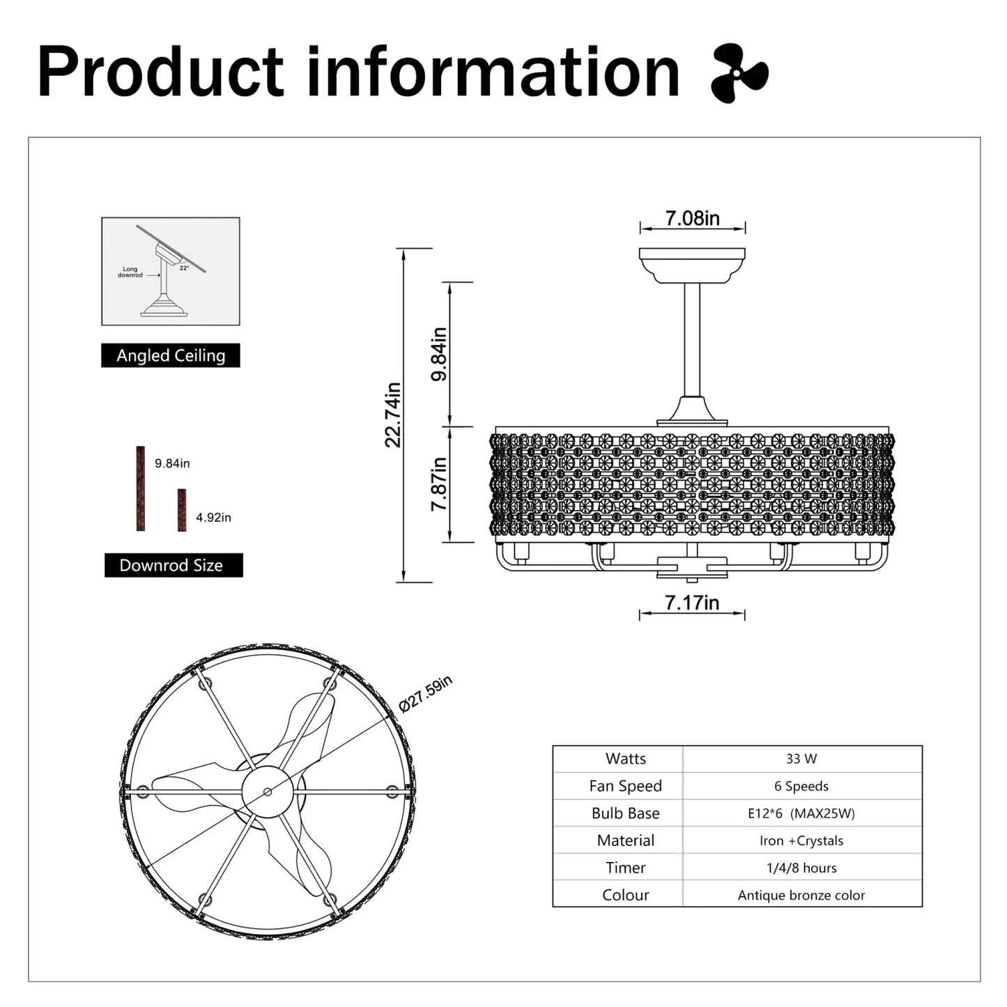 Dia 26.8 Inch Chandelier Ceiling Fan,Crystal Shade Ceiling Fan With Remote Control,3 ABS Blade 4 light No Include Bulb
